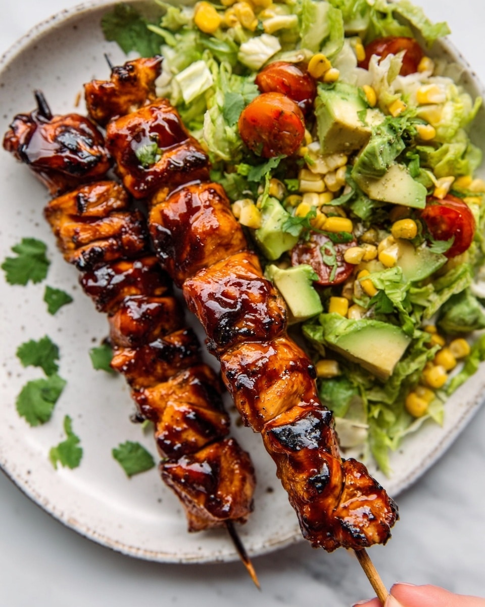 The image shows two skewers of grilled chicken with a shiny, dark brown glaze placed on the left side of a white plate. The chicken pieces are golden and slightly charred, stacked closely on each skewer. To the right of the skewers, there is a colorful salad made of chopped green lettuce, diced avocado, small red cherry tomatoes, and bits of light yellow grilled corn. Small green cilantro leaves are scattered around the plate adding a fresh green touch. A woman's hand is holding one skewer from the top. The plate is set on a white marbled surface. photo taken with an iphone --ar 4:5 --v 7