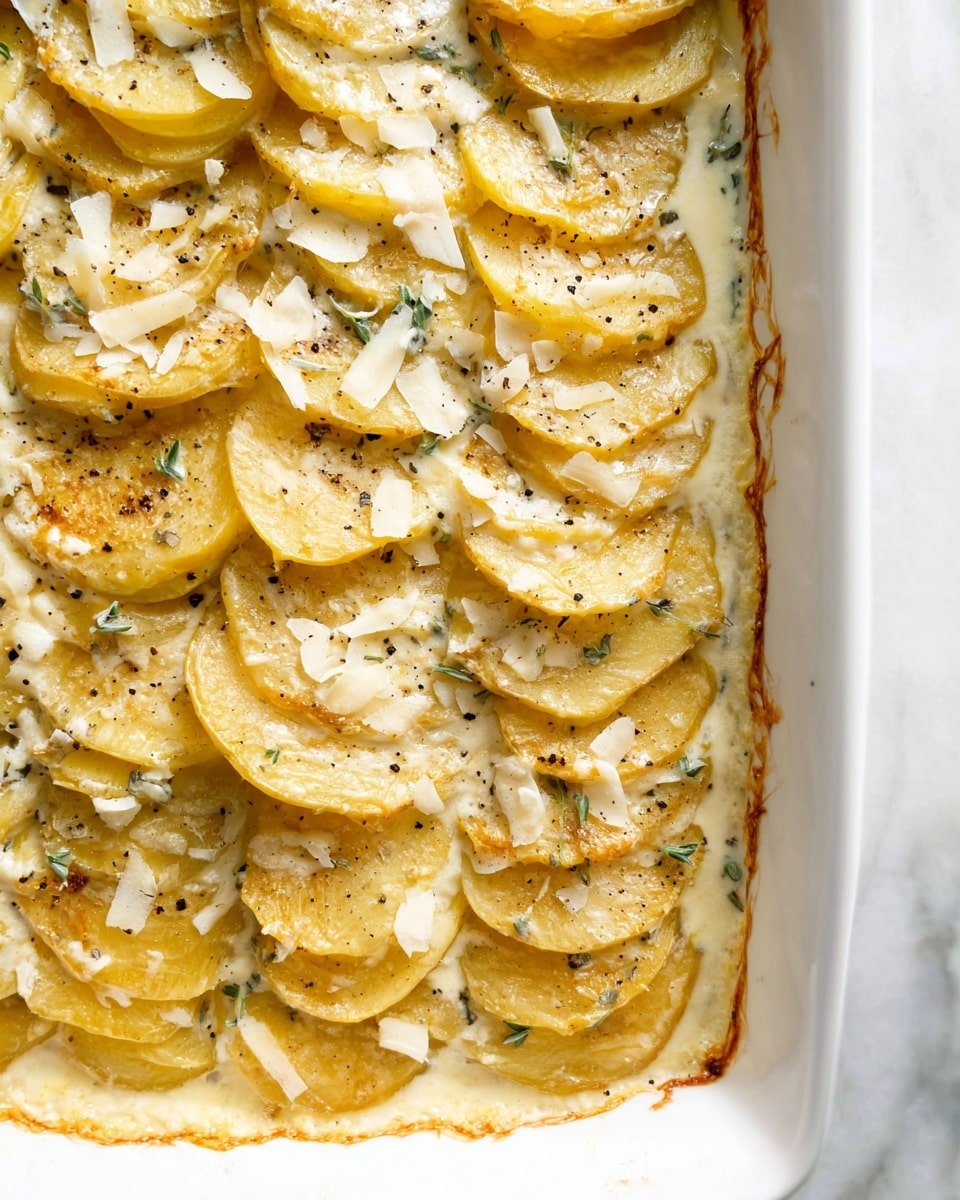 The dish shows a white rectangular baking dish filled with layered thin slices of golden-yellow potatoes arranged vertically in several neat rows. The potato slices have a slightly browned edge and are topped with small shavings of white cheese sprinkled throughout. A creamy sauce with a foamy texture and pale color surrounds the potatoes, filling the gaps between the layers. Small green herbs and black pepper flecks are visible in the sauce, adding specks of color. The white marbled surface beneath the baking dish is softly visible around the edges. photo taken with an iphone --ar 4:5 --v 7