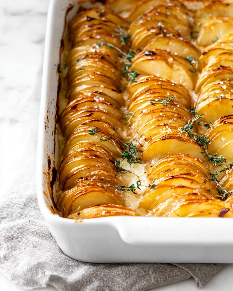 This image shows a white rectangular baking dish filled with rows of golden brown potato slices standing on their sides. The potatoes are thinly sliced and arranged closely together, forming about six long rows. Each row shows many potato slices layered into a stack, with crispy, slightly browned edges and a creamy sauce visible at the bottom. Small green sprigs of herbs, possibly thyme, are scattered on top, along with coarse salt flakes. The dish sits on a soft gray cloth over a white marbled surface. Photo taken with an iphone --ar 4:5 --v 7