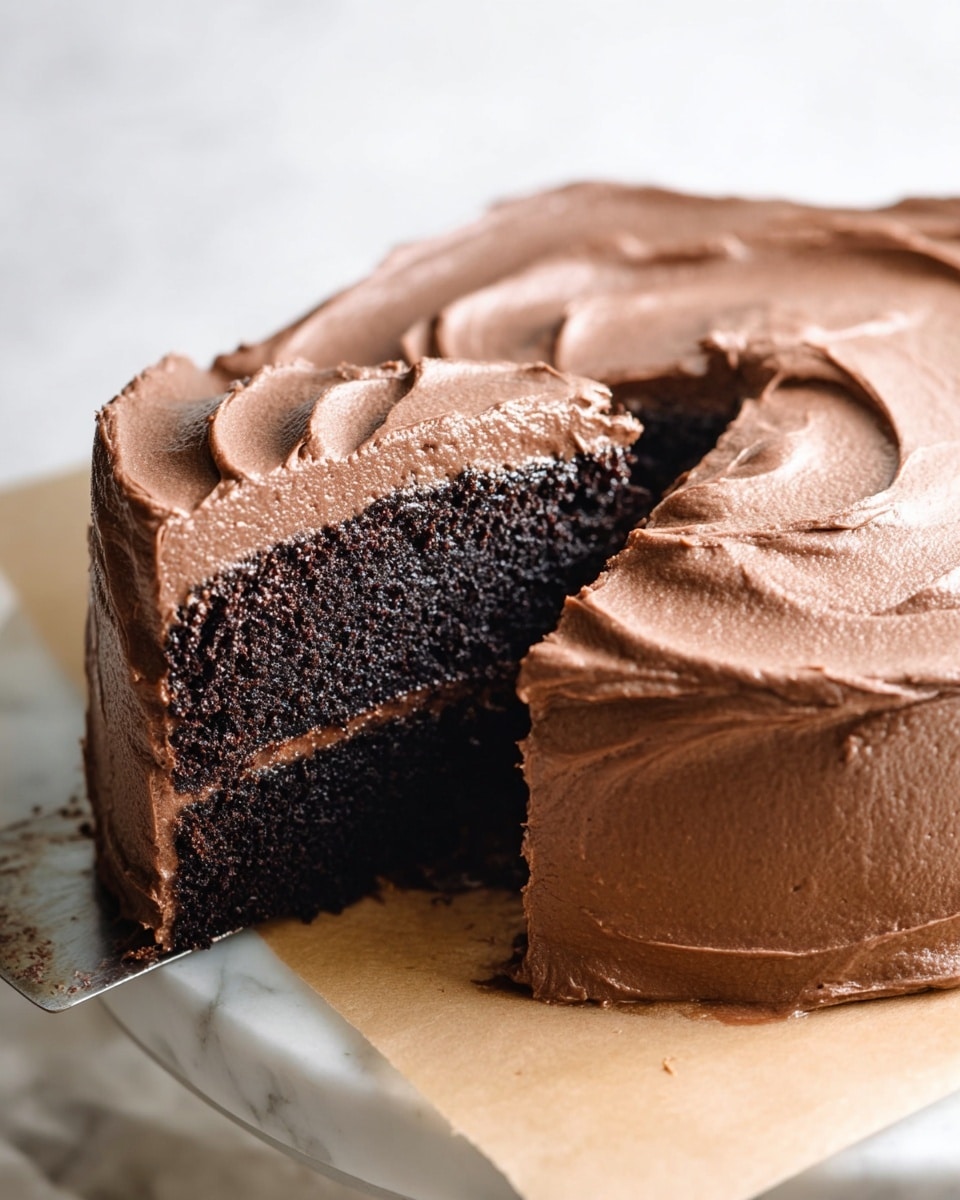 A two-layer dark chocolate cake sits on a white marbled surface, covered smoothly in thick, light brown chocolate frosting that has soft, wide swirls on top and smooth sides. One slice is being lifted, showing the rich, moist, dark interior of the cake with frosting between the layers and on the outside. The cake is placed on a piece of light brown parchment paper. Photo taken with an iphone --ar 4:5 --v 7
