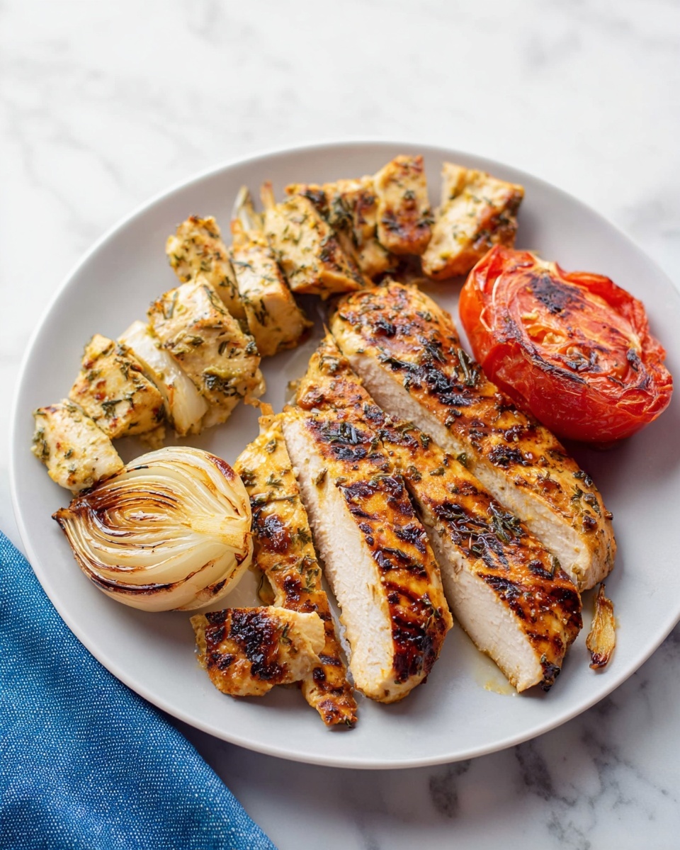 The dish shows two types of grilled chicken slices arranged in the center of a white plate on a white marbled surface. On the left, there are smaller grilled chicken pieces with a light golden-brown color and some dark herbs, while on the right, there are thicker chicken slices with a more uniform golden-brown crust. A grilled red tomato with char marks sits near the right side of the chicken. On the left side of the plate, there are three grilled onions with golden char lines and slightly translucent white flesh. A blue cloth is partially visible at the bottom left corner of the image. The photo taken with an iphone --ar 4:5 --v 7
