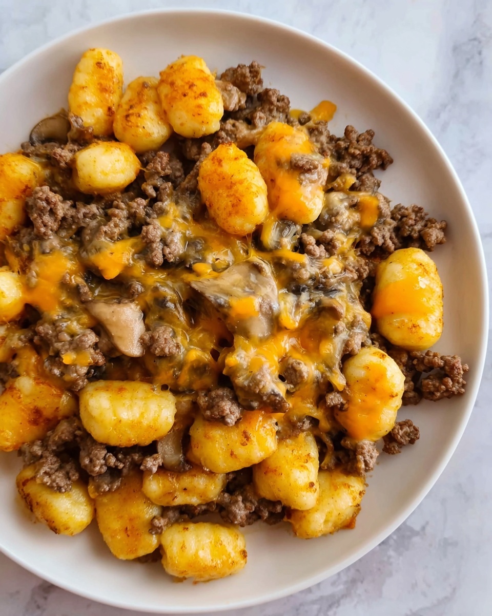 A close-up of a white plate filled with a mixture of golden-yellow gnocchi and browned ground beef cooked with small bits of mushrooms. The gnocchi are plump and have a soft texture with melted orange-yellow cheese covering parts of them. The ground beef is evenly mixed throughout, giving a cooked dark brown color with some juices blending into the cheese. The plate sits on a white marbled surface. photo taken with an iphone --ar 4:5 --v 7
