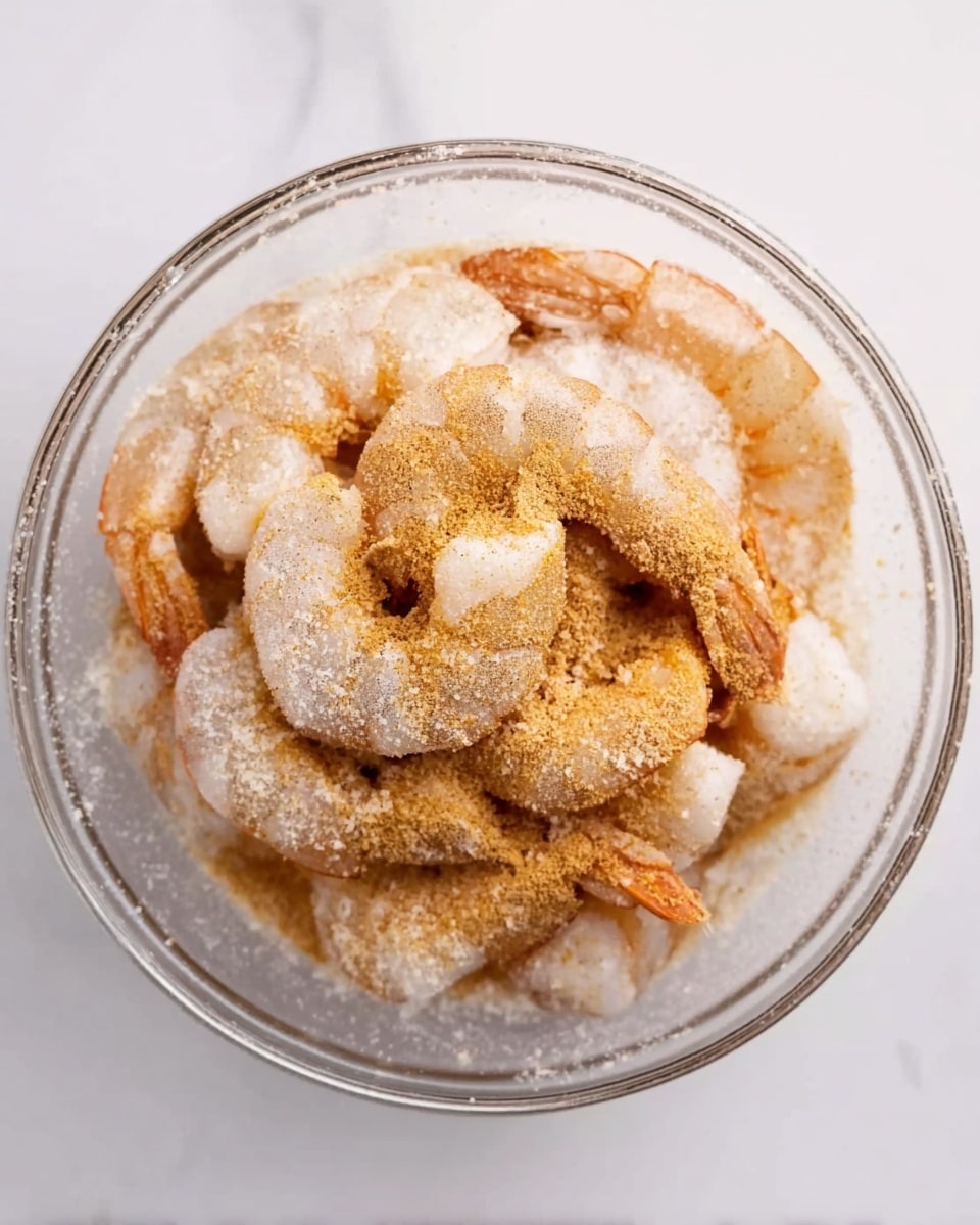A clear glass bowl on a white marbled surface holds a pile of raw shrimp with tails, covered with a layer of light brown seasoning powder and a light dusting of white salt sprinkled over the shrimp. The shrimp are arranged loosely in the bowl, showing their curved shapes and smooth texture. Photo taken with an iphone --ar 4:5 --v 7