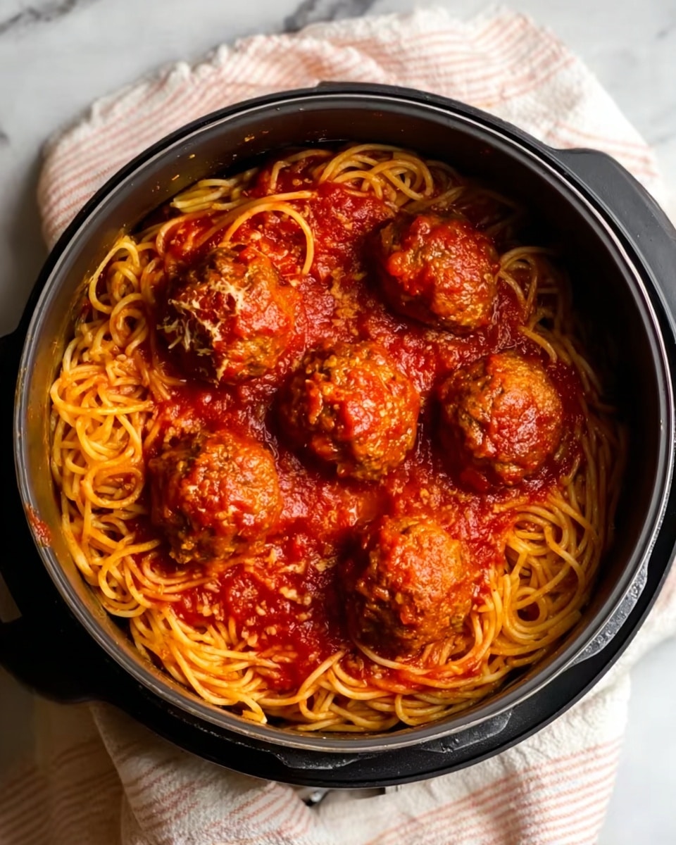 Inside a round black pot, there is a large layer of thin spaghetti coated with bright red tomato sauce at the bottom and mixed throughout. On top of the spaghetti, five brown meatballs are spread evenly, each covered with the same red sauce that has a slightly chunky texture. The pot sits on a soft white cloth with light pink stripes, and the background is a white marbled surface. The lighting highlights the glossy shine on the sauce and meatballs, making the dish look warm and inviting. photo taken with an iphone --ar 4:5 --v 7