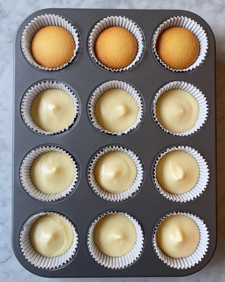 The image shows a gray muffin pan with 12 white paper liners arranged in a 4 by 3 grid. In the first column, four paper liners each have a single round, golden-brown cookie at the bottom. The remaining eight paper liners are filled with smooth, pale yellow batter that looks creamy and slightly shiny on top, filling the liners almost to the edges. The pan is set on a white marbled surface. photo taken with an iphone --ar 4:5 --v 7