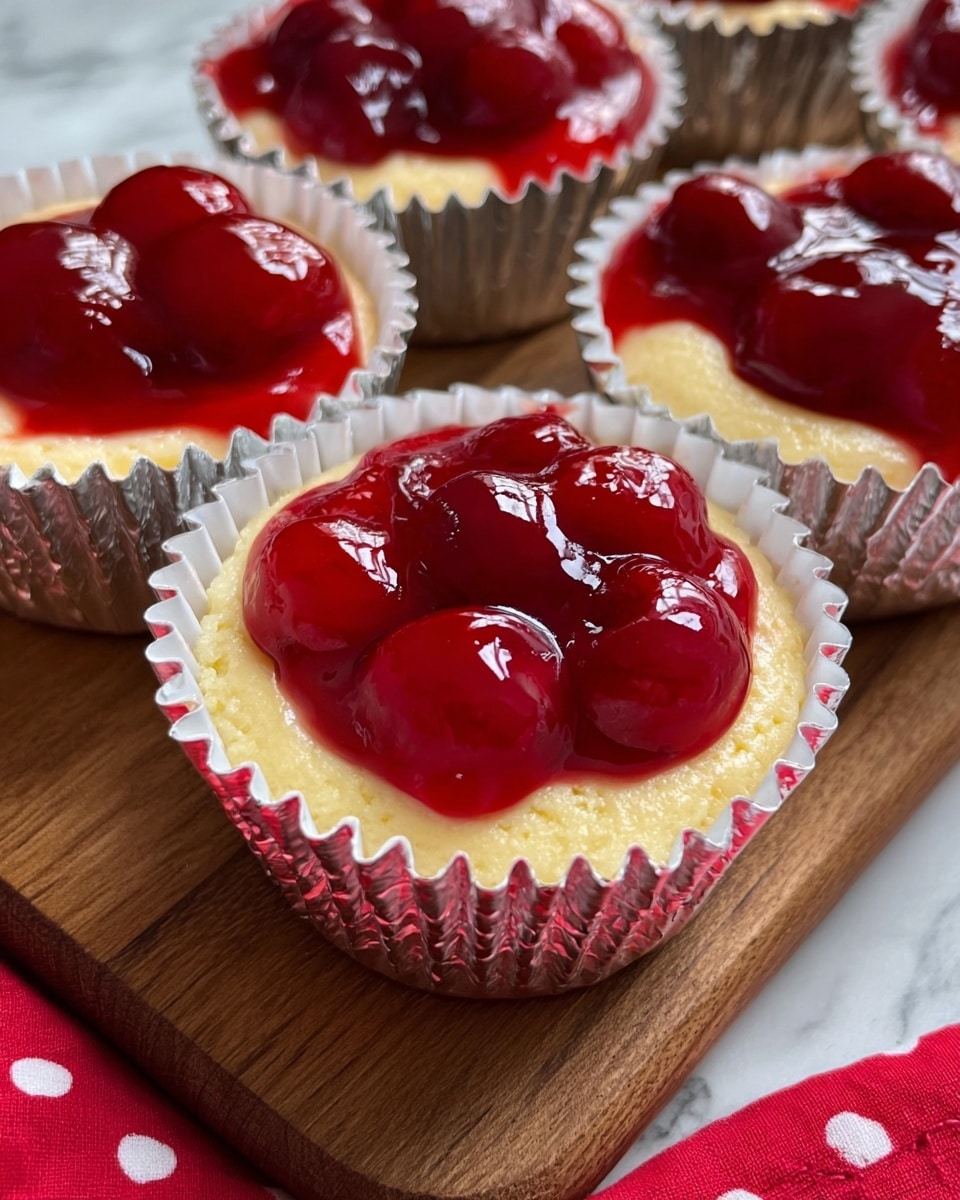 The image shows a close-up of mini cheesecakes in white paper liners with shiny silver outer cups. Each mini cheesecake has two layers: the bottom yellowish creamy cake base with a smooth texture, and a thick, glossy, bright red cherry topping with whole cherries visible, creating a shiny and slightly uneven surface. The cheesecakes are arranged on a wooden board with a hint of a red cloth with white polka dots at the corner, placed on a white marbled texture background. photo taken with an iphone --ar 4:5 --v 7
