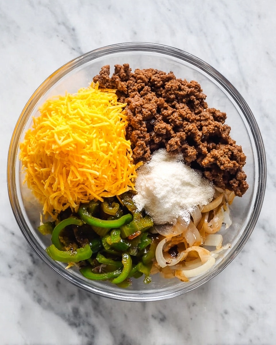 A clear glass bowl sits on a white marbled surface, filled with four main ingredients arranged in separate sections. One part contains browned ground meat with a crumbly texture and dark brown color. Next to it is a mound of shredded bright yellow cheese with soft texture. Beside the cheese is a small pile of white powdery substance. The last section has sautéed vegetables, including green bell peppers and translucent slices of onion, with a slightly glossy texture. The ingredients are clearly separated, showing distinct colors and textures, ready to be mixed. photo taken with an iphone --ar 4:5 --v 7