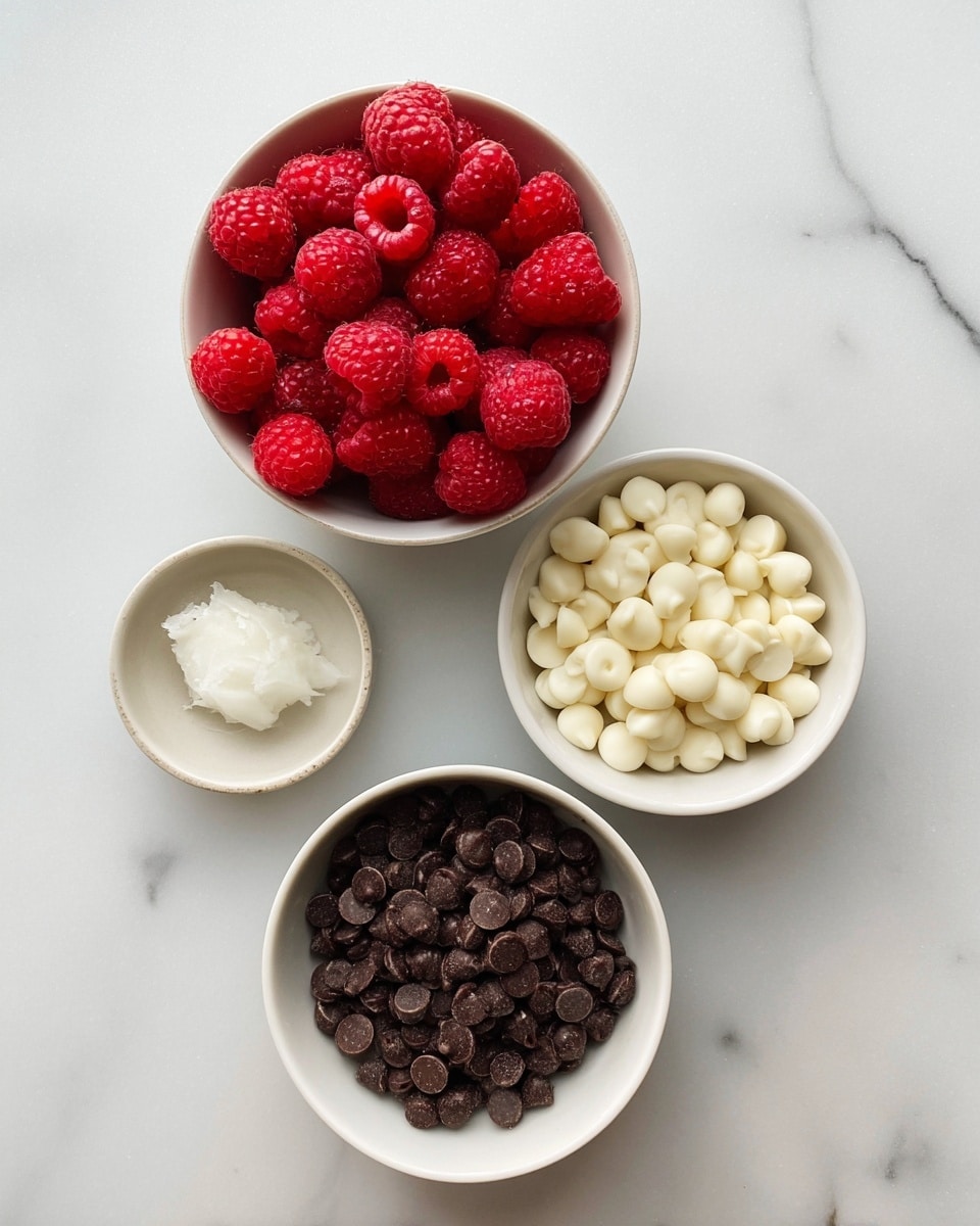 The image shows four small white bowls and one small round bowl arranged on a white marbled surface. The top left white bowl is filled with fresh, bright red raspberries that are plump and round. To the right, another white bowl contains smooth, shiny white chocolate chips, evenly spread out. Below the raspberries, a small round bowl has a dollop of solid white coconut oil. Below that, there is a white bowl filled with dark brown chocolate chips, shiny and smooth, covering the whole bowl base evenly. The items are all cast in soft, natural light, emphasizing their textures and colors. photo taken with an iphone --ar 4:5 --v 7