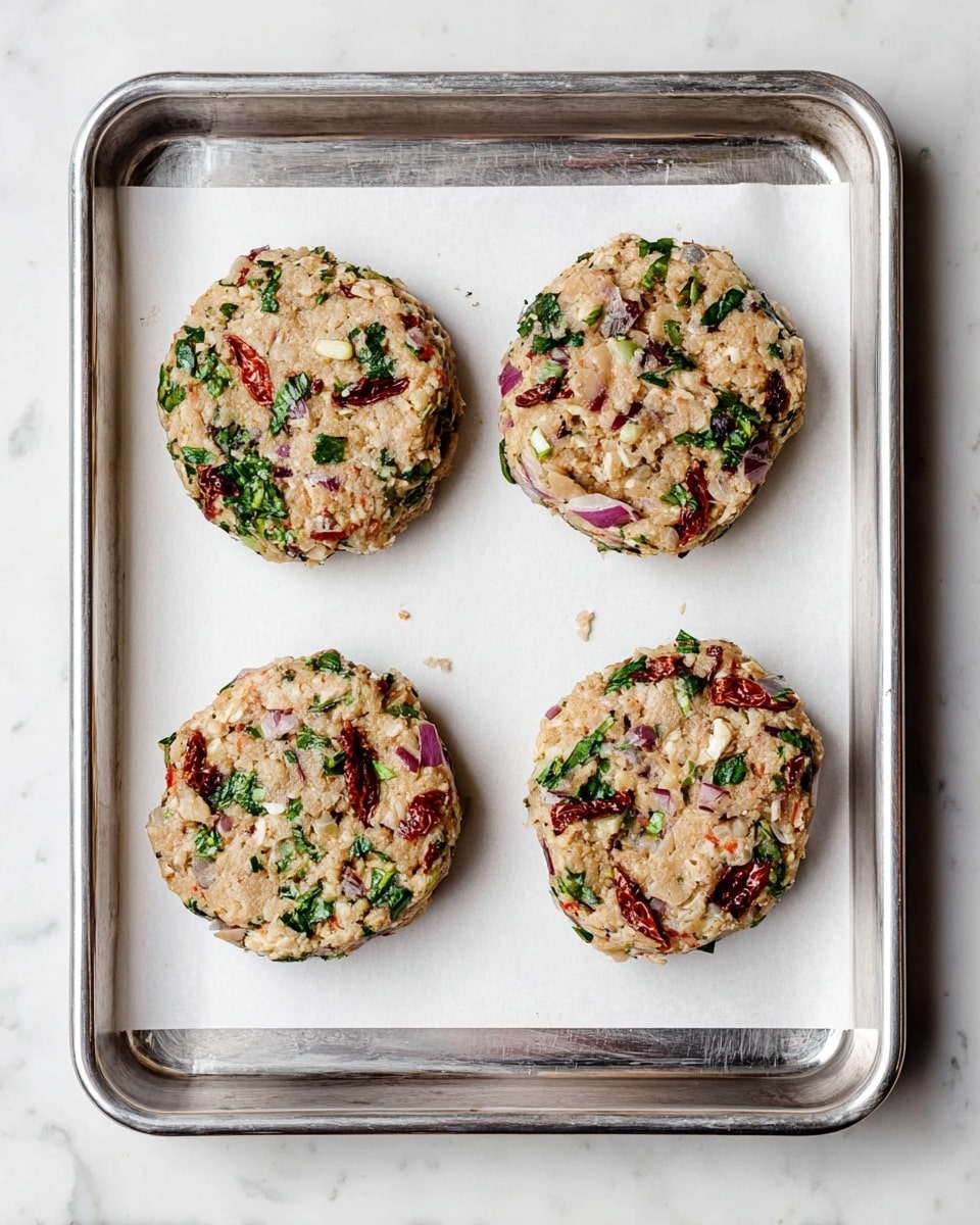 The image shows four round patties placed evenly on a white parchment paper lined silver baking tray over a white marbled surface. Each patty is thick and has a mixed texture with visible pieces of chopped green herbs, small red sun-dried tomatoes, and diced purple onions scattered throughout the beige mixture. The patties have a raw and chunky look with colors and textures clearly defined. Photo taken with an iphone --ar 4:5 --v 7