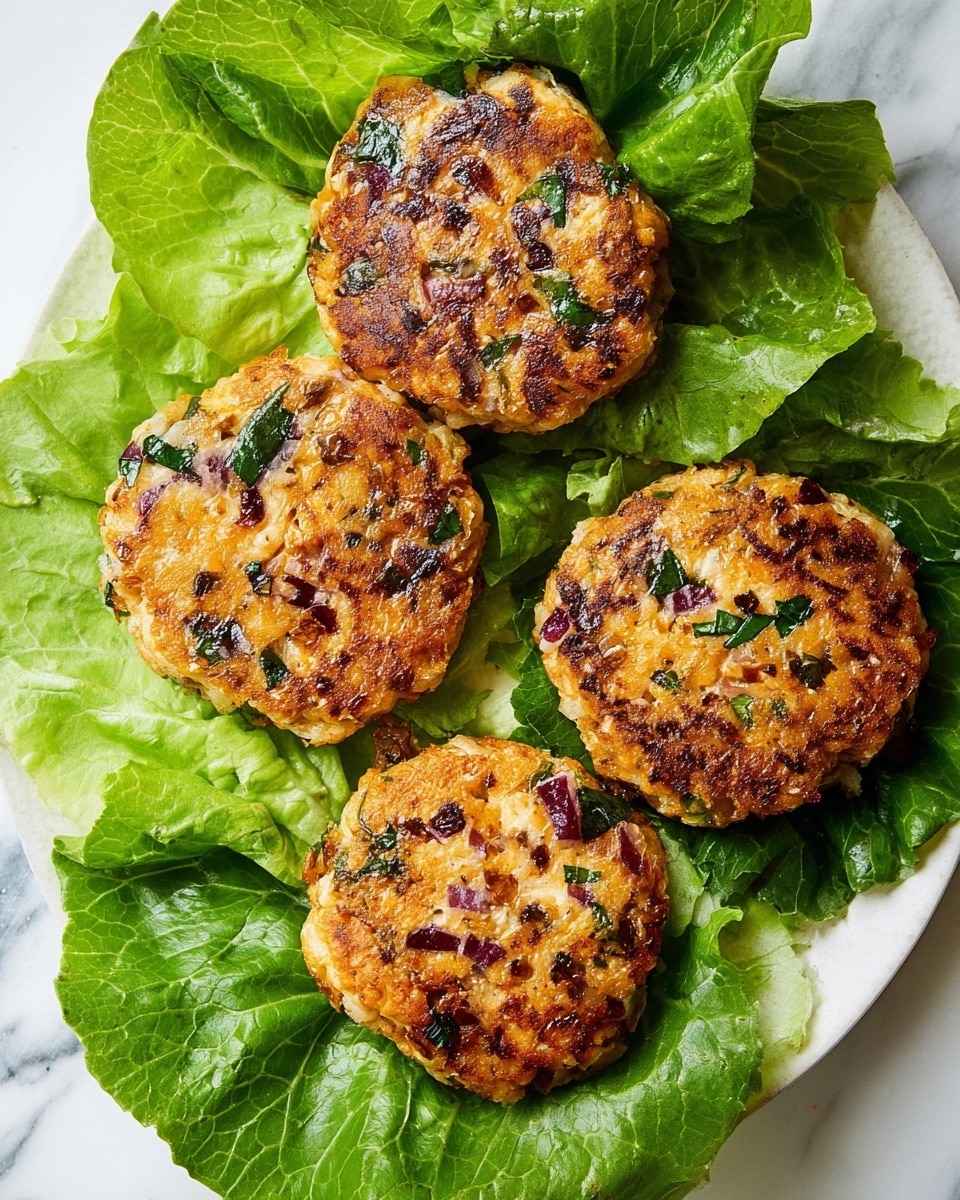 A white plate on a white marbled surface holds a stacked dish with four layers. At the base, large dark green spinach leaves form a bed. On top sits a thick, round, golden-brown patty with visible bits of green and red inside. A creamy white sauce with small green herbs is spread under the patty, slightly oozing out. Above the patty, bright purple onion rings are layered, topped by chunks of fresh red cherry tomatoes and small pieces of white crumbly cheese. Large green lettuce leaves crown the stack, folding around the top ingredients. Extra cherry tomato halves and spinach leaves are placed on the plate around the stack. Photo taken with an iphone --ar 4:5 --v 7