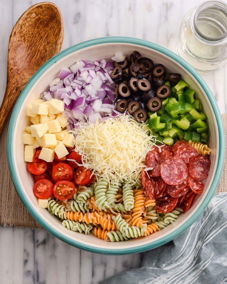 A white bowl with a teal rim sits on a white marbled surface, filled with colorful layers arranged in sections. The bottom layer is tri-color spiral pasta with shades of green, orange, and beige, evenly spread across the bowl. On top, there are small neat piles of cubed light yellow cheese, sliced dark black olives, halved bright red grape tomatoes, chopped green bell peppers, diced purple onions, thin slices of reddish-brown pepperoni, and a middle mound of finely shredded pale yellow cheese. Nearby, there is a wooden spoon and a clear glass bottle with water. photo taken with an iphone --ar 4:5 --v 7