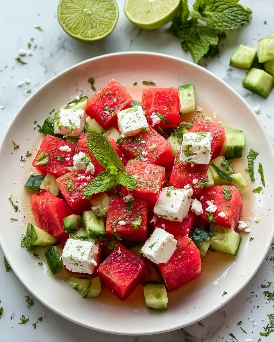 A white round plate filled with three main layers: bright red watermelon cubes centered in the dish, white feta cheese cubes scattered evenly around the watermelon, and fresh green cucumber cubes mixed throughout; the top is sprinkled with finely chopped dark green mint leaves and coarse salt, with some juice and mint bits on the white marbled surface; in the top background, there are two squeezed lime halves and a sprig of fresh mint leaves; a few cucumber pieces and a small chunk of watermelon sit casually on the surface. Photo taken with an iphone --ar 4:5 --v 7