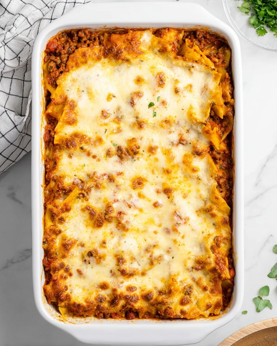 A rectangular white baking dish filled with a layered pasta bake, showing a thick top crust of melted golden and light brown cheese that is bubbly and slightly browned at the edges. Below the cheese is a rich layer of tomato meat sauce with visible bits of herbs and small chunks of pasta with an orange tinge peeking out around the sides. The pasta appears folded and layered, creating depth beneath the cheese, with some sauce seeping slightly up the edges. The dish sits on a white marbled surface with a checkered cloth partially visible at the top left corner and some small green herb leaves faintly visible at the bottom right corner. photo taken with an iphone --ar 4:5 --v 7