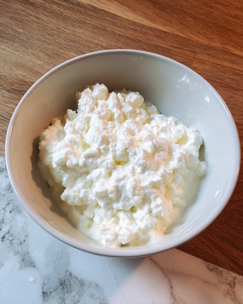 A white bowl filled with a single layer of cottage cheese, showing its creamy, white, lumpy texture with small curds throughout, placed on a wooden table with a white marbled surface partially visible at the bottom of the image photo taken with an iphone --ar 4:5 --v 7