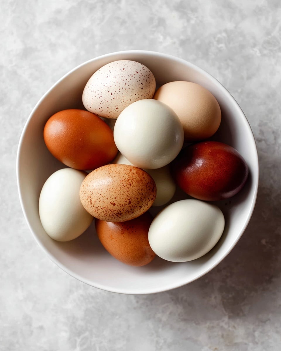 A white bowl filled with a mix of smooth eggs with different colors, including white, light brown with small speckles, and dark brown. The eggs are arranged close together, showing their oval shapes and glossy textures. The bowl sits on a white marbled surface with soft natural lighting from above, highlighting the eggs' shiny skins and creating gentle shadows around the edges. photo taken with an iphone --ar 4:5 --v 7