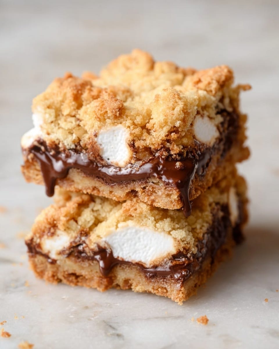 The image shows a close-up of a dessert square with three visible layers on a white marbled surface. The bottom layer is melted chocolate, dark brown and smooth. The middle layer is white marshmallow, fluffy and soft, peeking out unevenly from underneath. The top layer is a crumbly, golden-brown crust with a rough texture. In the background, there are more pieces of the same dessert, slightly out of focus. photo taken with an iphone --ar 4:5 --v 7