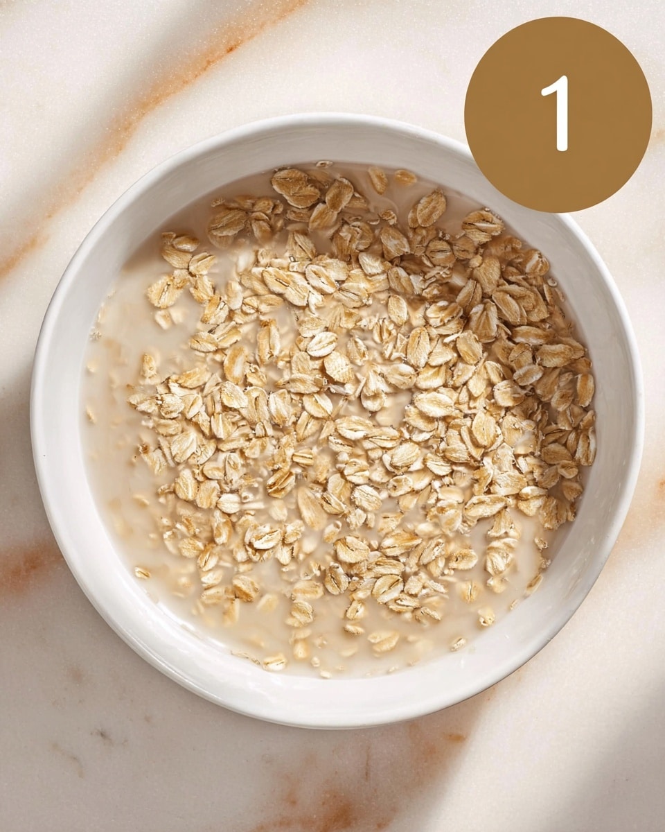 A close-up top view of a white bowl filled with rolled oats partially soaked in a light beige liquid, showing the oats floating mostly around the edges and some submerged in the middle, placed on a white marbled surface, with a brown circle in the top right corner featuring the number 1 in white text photo taken with an iphone --ar 4:5 --v 7