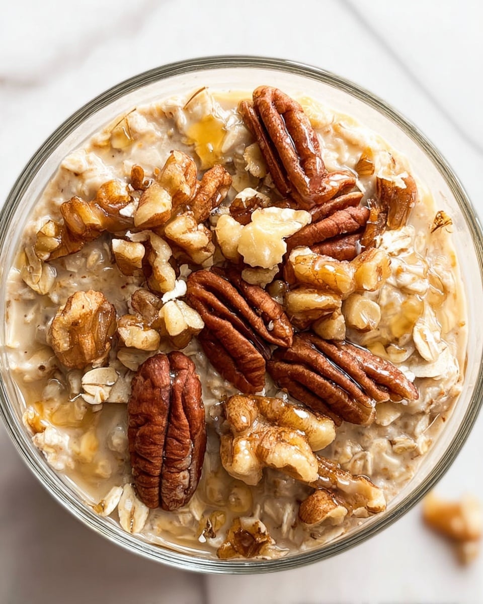 A close-up top view of a clear bowl filled with smooth light brown oatmeal with visible oat flakes, topped with a mix of large pecan halves and smaller walnut pieces, all drizzled with a light honey glaze. The bowl is placed on a white marbled surface with soft natural light highlighting the texture and shine of the nuts and oats. photo taken with an iphone --ar 4:5 --v 7
