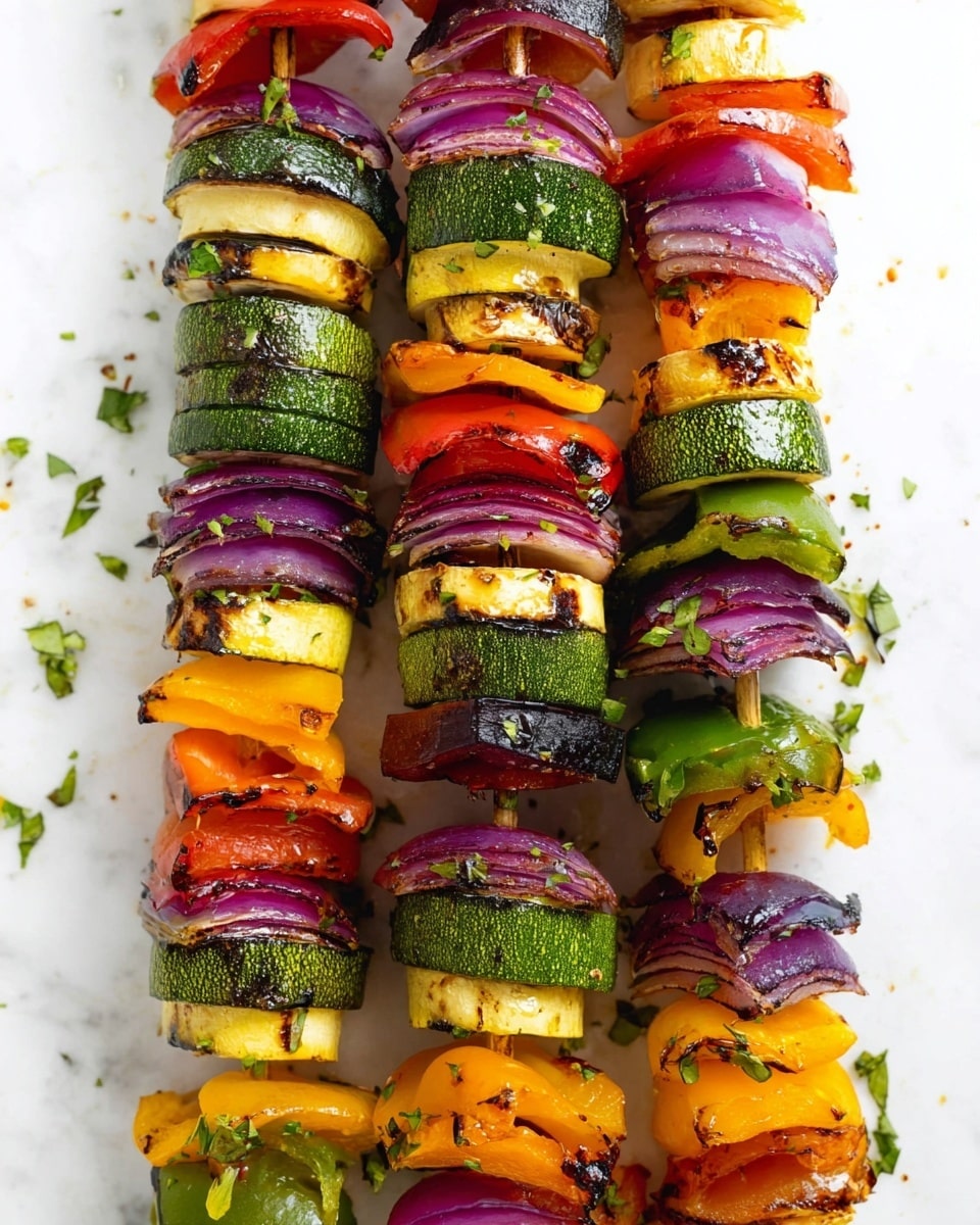 There are seven vegetable skewers laid out side by side on a white marbled surface. Each skewer has many layers starting from the top with purple and white slices of red onion, followed by green zucchini rounds, then red, yellow, and green bell pepper pieces stacked in an alternating pattern. The vegetables show light grill marks and some charring. Small green herb bits are sprinkled over the skewers and the surface. Drops of a dark balsamic glaze add contrast and shine. The overall look is colorful, fresh, and well-grilled. Photo taken with an iphone --ar 4:5 --v 7