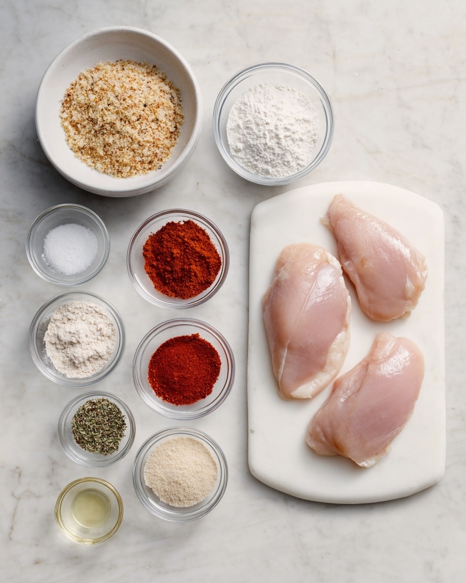 The image shows raw cooking ingredients neatly arranged on a white marbled surface. On the right side, two pale pink raw chicken breasts lie on a white cutting board. To the left, there are several white and small glass bowls holding different dry and wet ingredients: a large white bowl filled with light brown breadcrumbs, a small white bowl with white salt, and another smaller white bowl with white flour. Below these are smaller clear glass bowls containing bright red paprika powder, light beige garlic powder, and a pale white powder. Additionally, there are two small white bowls with dried green herbs and black pepper. A small white bowl on the bottom left contains a clear liquid, likely oil or vinegar. The bowls and ingredients are spread out so all are visible, and the scene is bright and clean. photo taken with an iphone --ar 4:5 --v 7