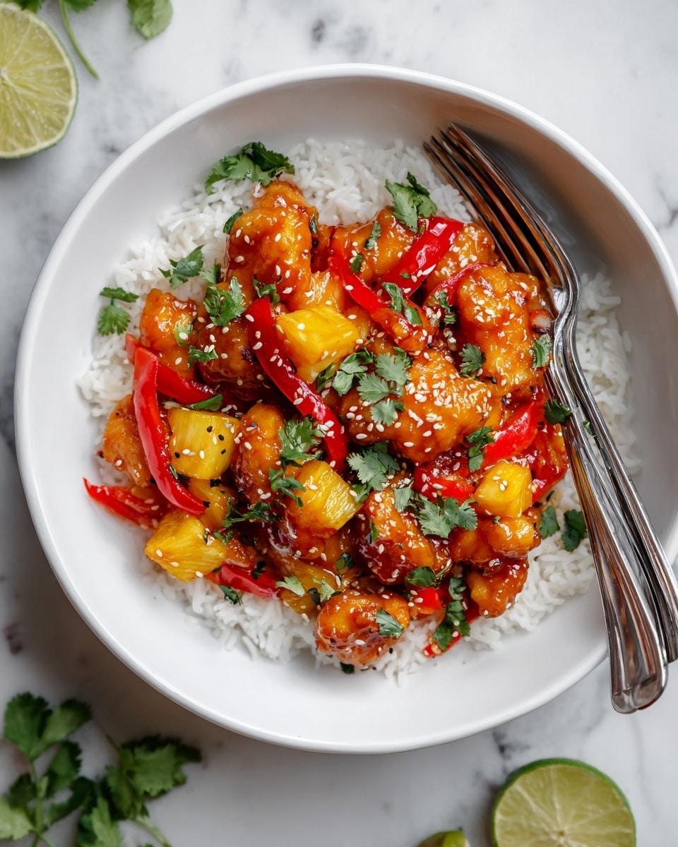A white bowl filled with a base layer of white cooked rice, topped with a colorful mix of shiny orange glazed pieces of cooked chicken, bright red bell pepper strips, and chunks of yellow pineapple. The dish is sprinkled with white sesame seeds and fresh green cilantro leaves scattered on top. Two silver forks rest inside the bowl on the right side. The bowl is placed on a white marbled surface with lime wedges and cilantro leaves nearby. Photo taken with an iphone --ar 4:5 --v 7