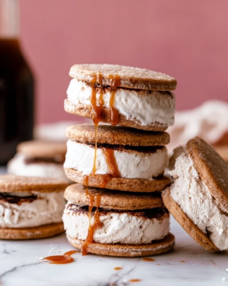 A tall stack of three ice cream sandwiches with light brown cookies and white ice cream layers between each cookie. A thin stream of caramel sauce is being poured from a spoon above the top sandwich, with some caramel sitting on the top ice cream layer. The background is a soft pink color and the surface beneath the stack has a white marbled texture with scattered cocoa powder. A glass coffee pot with a wooden handle is blurred in the background on the left side. photo taken with an iphone --ar 4:5 --v 7