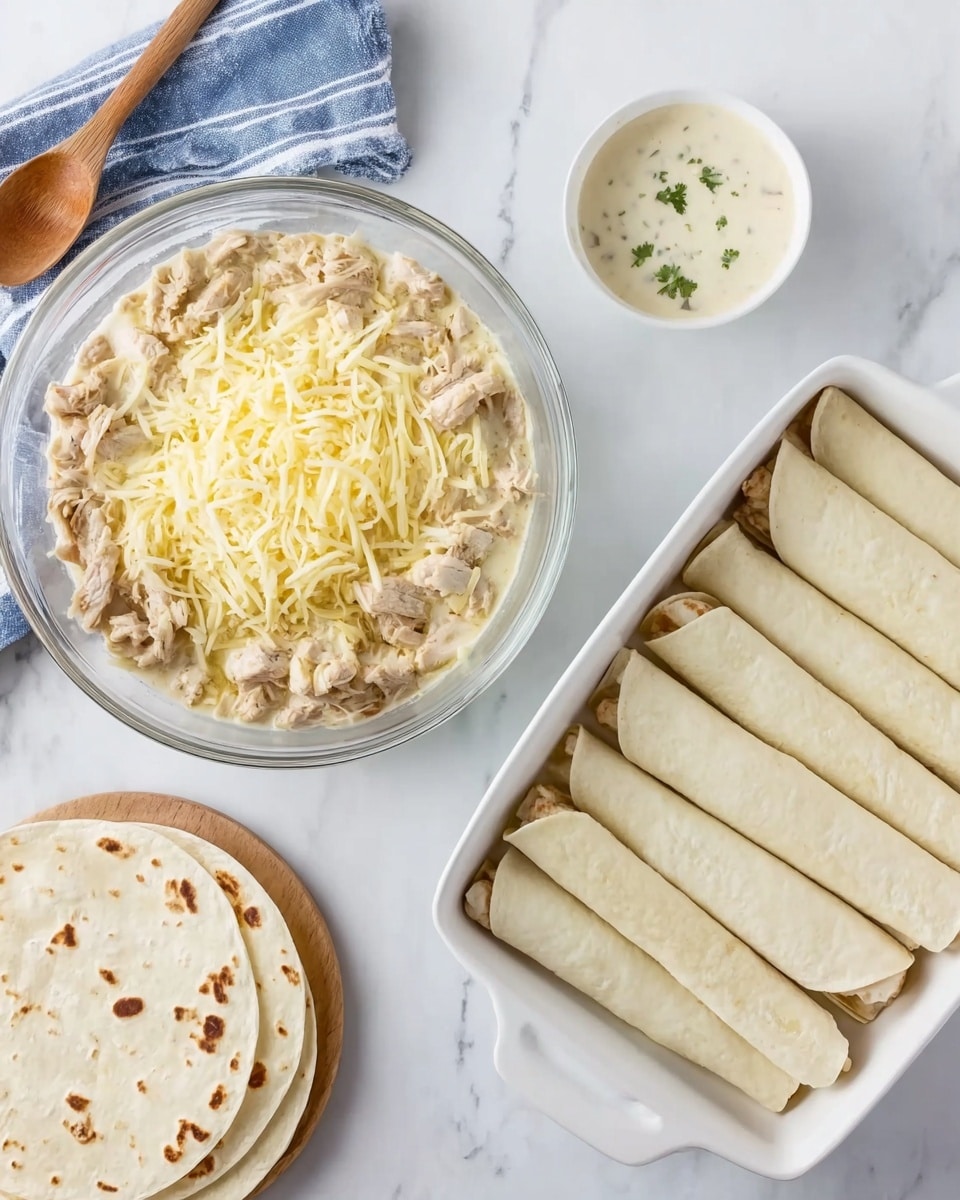 A clear glass bowl holds two layers of shredded light yellow cheese and chopped cooked chicken mixed together on the left side, sitting on a white marbled surface with a wooden spoon nearby on a blue and white striped cloth; three light beige tortillas with brown spots are stacked beside the bowl. On the right side, a white rectangular baking dish contains eight rolled tortillas neatly placed in two rows of four, with the same three tortillas and a small bowl of creamy sauce with herbs nearby, all set on the white marbled surface. photo taken with an iphone --ar 4:5 --v 7