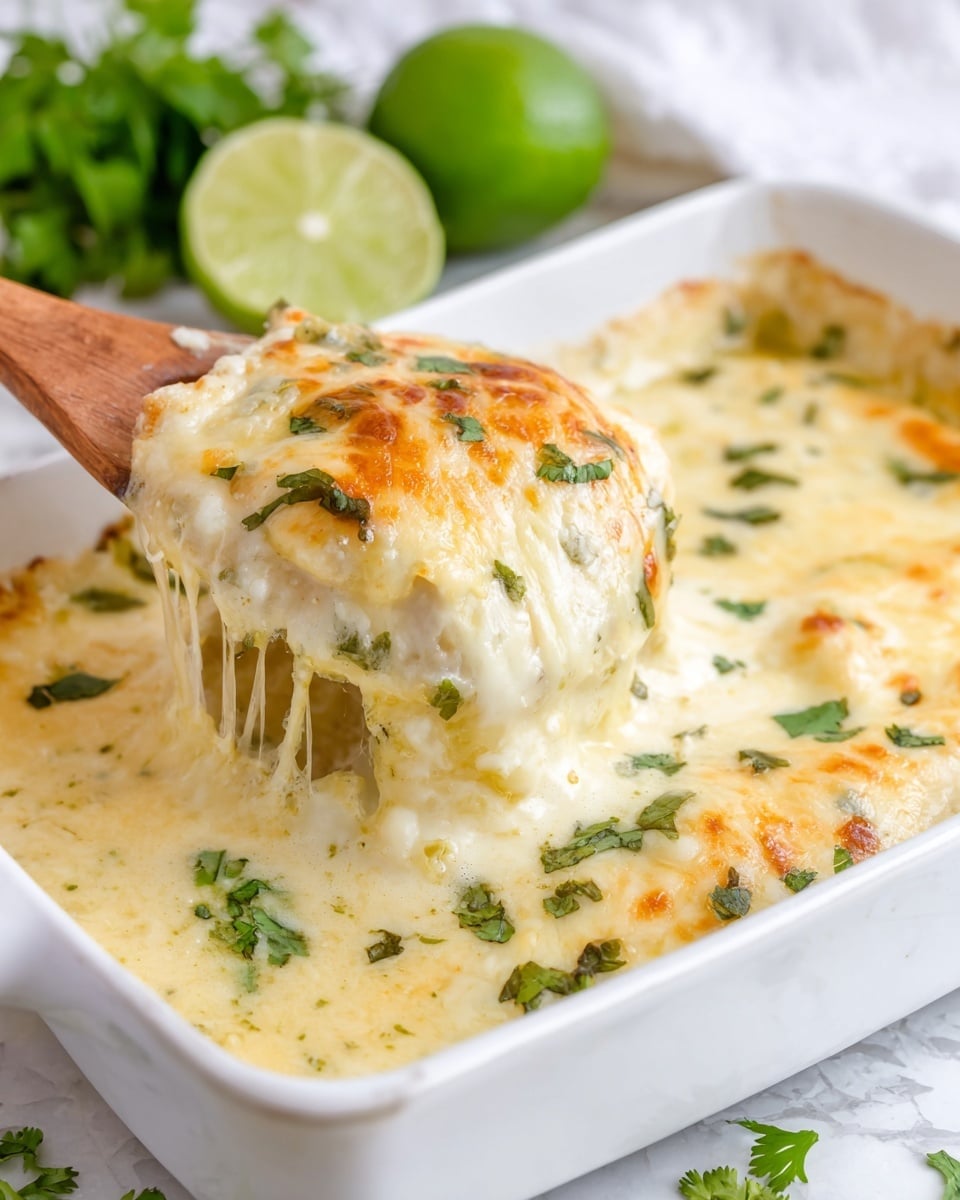 A white rectangular dish filled with one thick layer of creamy, pale yellow sauce mixed with melted cheese that forms soft strings as a wooden spatula lifts a portion. The top shows bits of bright green cilantro leaves scattered across the smooth, slightly bubbly cheese surface. In the background, halves of a green lime and some cilantro add a fresh touch on a white marbled surface. Photo taken with an iphone --ar 4:5 --v 7
