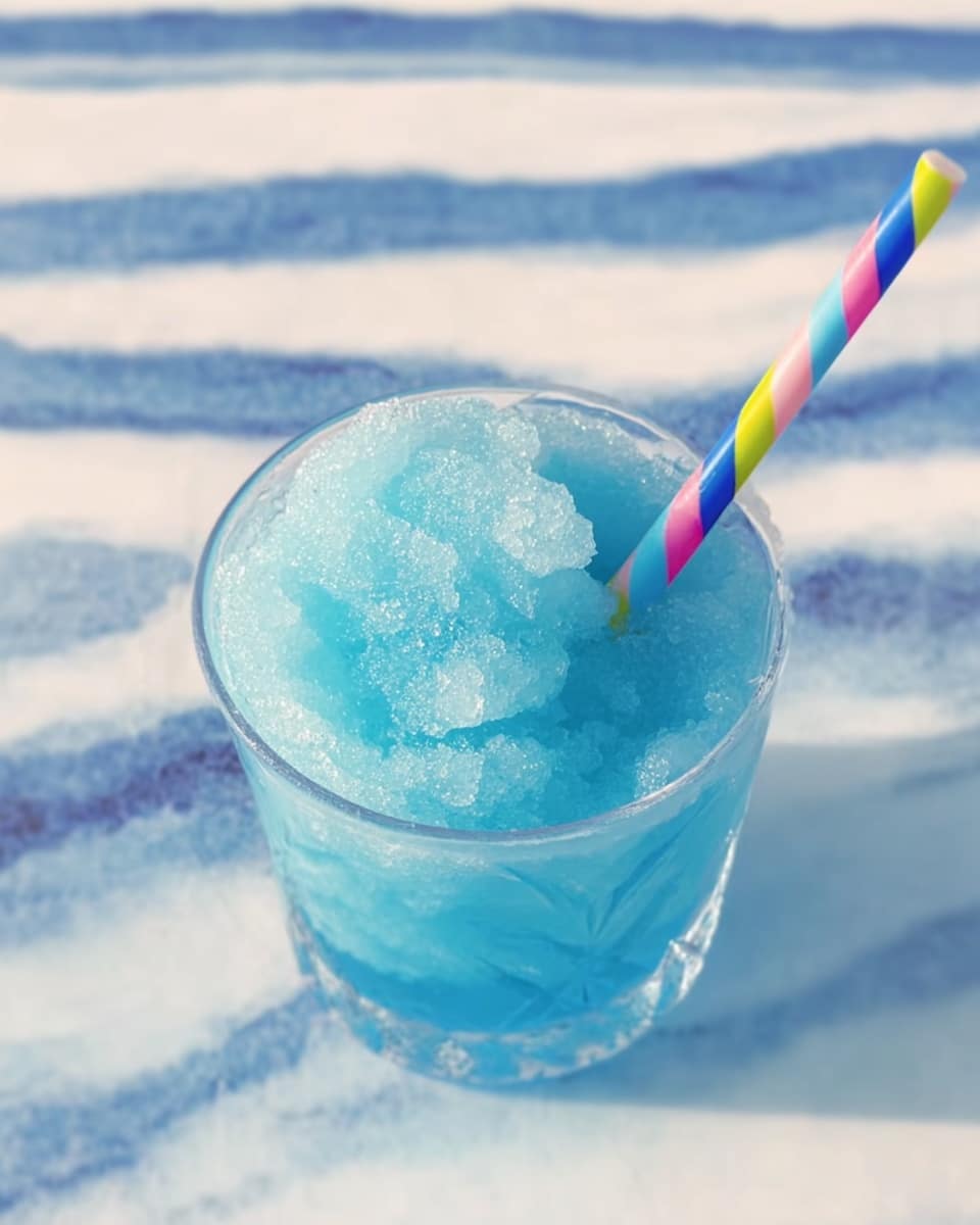 A clear glass with a diamond pattern is filled with bright blue frozen slush that rises above the rim in a soft, fluffy mound. A colorful striped straw with pink, blue, yellow, and white spirals sticks out from the top. A small woman's hand holds the glass gently from the side. The background is a plain white marbled texture. photo taken with an iphone --ar 4:5 --v 7