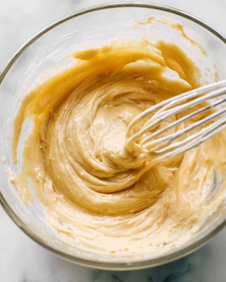 A close-up image showing thick, smooth, pale yellow batter being mixed in a clear glass bowl. The batter has a creamy, slightly textured surface with visible swirls and folds from the mixing. A metal whisk with white-coated wires is partially immersed in the batter on the right side, blending the mixture. The bowl is placed on a white marbled surface, giving a clean and bright background. photo taken with an iphone --ar 4:5 --v 7