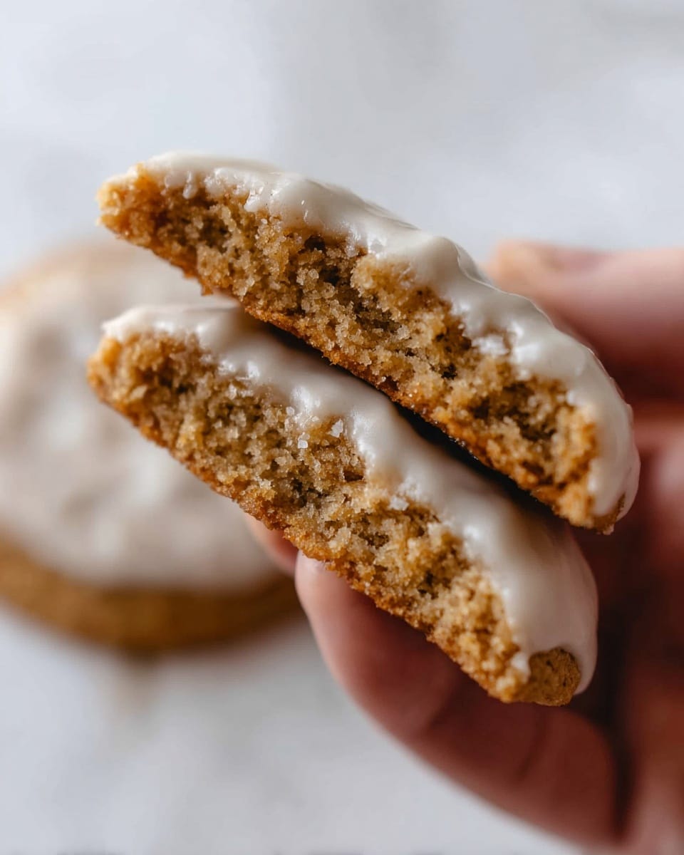 A close-up of a woman's hand holding a split cookie showing two inner layers: a thick, moist, golden-brown crumbly cake-like texture inside and a smooth, white icing layer covering the top. The background is soft and blurred with a white marbled surface showing a whole cookie out of focus. The cookie's texture looks slightly coarse with small bits inside, and the icing has a glossy finish, evenly covering the top. photo taken with an iphone --ar 4:5 --v 7