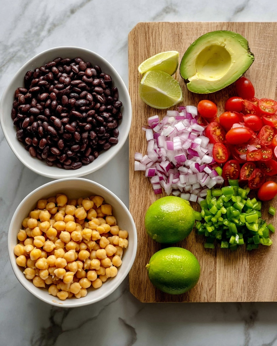 The image shows separate ingredients for a meal arranged neatly: a white bowl full of black beans sits on the left, and a white bowl with yellow chickpeas is positioned at the bottom. To the right, a wooden cutting board holds chopped vegetables in several layers - diced red onions in a small pile toward the center, next to finely chopped green peppers, and halved cherry tomatoes lined up in a row. On the top right of the board, two avocado halves with pale green flesh are placed. Two whole limes rest on the white marbled surface below the board. The colors are bright and fresh with clear texture differences between beans, chickpeas, and chopped vegetables. Photo taken with an iphone --ar 4:5 --v 7