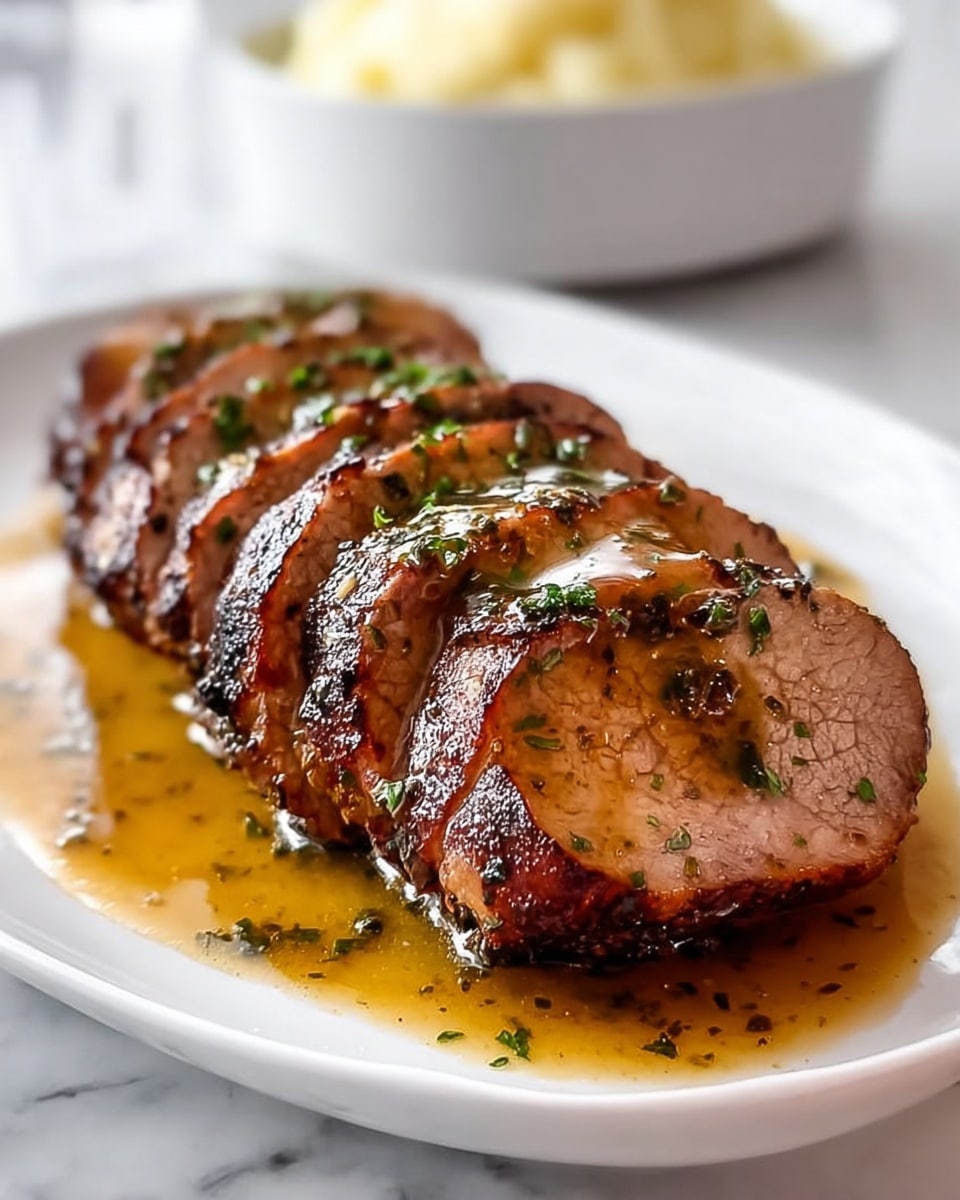 A white plate holds five thick slices of cooked meat with a dark brown seared crust and a juicy texture inside, arranged side by side in a slight curve. The meat is covered with a light brown herb sauce, draining on the plate and sprinkled with small green herbs. In the background, there is a white bowl filled with creamy mashed potatoes, slightly blurred to keep focus on the meat. The surface underneath the plate is white with a marble texture. photo taken with an iphone --ar 4:5 --v 7