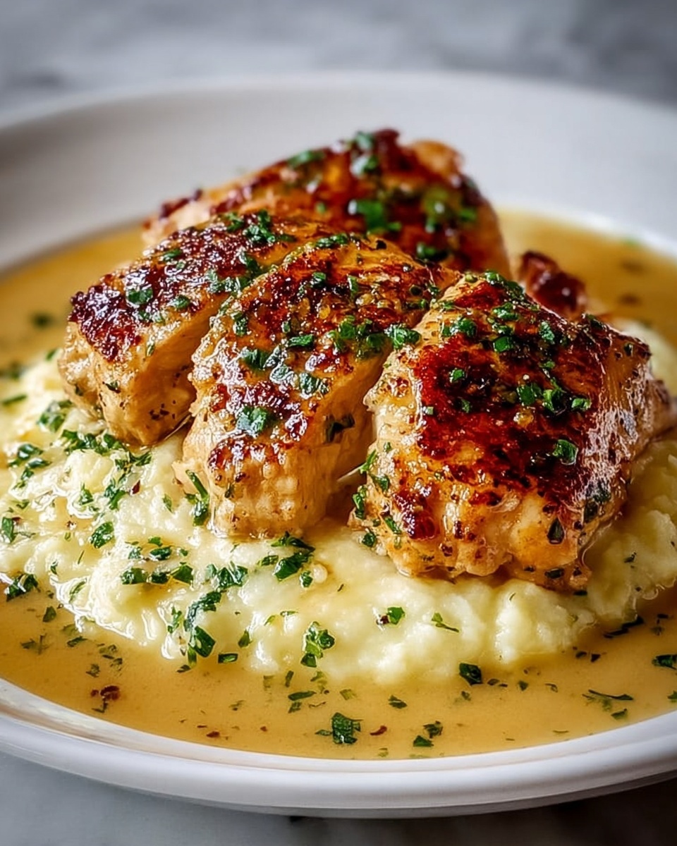 A white plate holds a dish with three thick pieces of golden-brown grilled chicken layered on top of a creamy, pale yellow mashed base. The chicken has a textured, slightly crispy surface with visible grill marks and is sprinkled with small green herb pieces. Underneath the mashed layer, a light brown sauce pools around the edges of the plate, adding shine and depth. The dish sits on a white marbled surface, and the light highlights the moist texture of the chicken and the smooth, creamy feel of the mashed layer. photo taken with an iphone --ar 4:5 --v 7