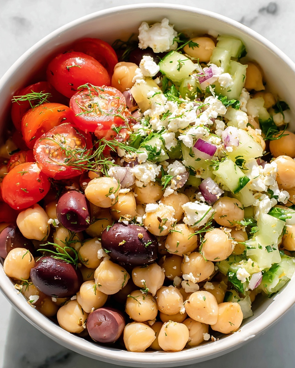 The image shows a close-up of a white bowl filled with a chickpea salad. The salad has three main layers: at the bottom, light tan chickpeas form the base layer with a smooth, round texture; the middle layer includes bright red cherry tomatoes, dark purple olives, and small pieces of chopped green cucumber with a fresh, moist look; on top, there are white crumbly pieces of cheese scattered throughout, along with small green sprigs of herbs like parsley and dill for garnish. The bowl sits on a white marbled surface with natural light highlighting the freshness and colors of the ingredients. Photo taken with an iphone --ar 4:5 --v 7