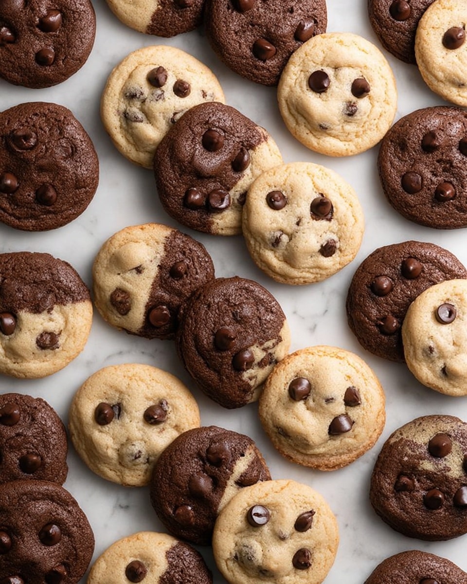The image shows many round cookies arranged closely on a white marbled surface, each cookie half light brown with chocolate chips and half dark brown, like chocolate dough, also with chocolate chips. The cookies have a smooth texture with small cracks and some chips sticking out. The pattern of light and dark halves varies slightly across the cookies, making a two-colored, marbled look on each cookie. photo taken with an iphone --ar 4:5 --v 7