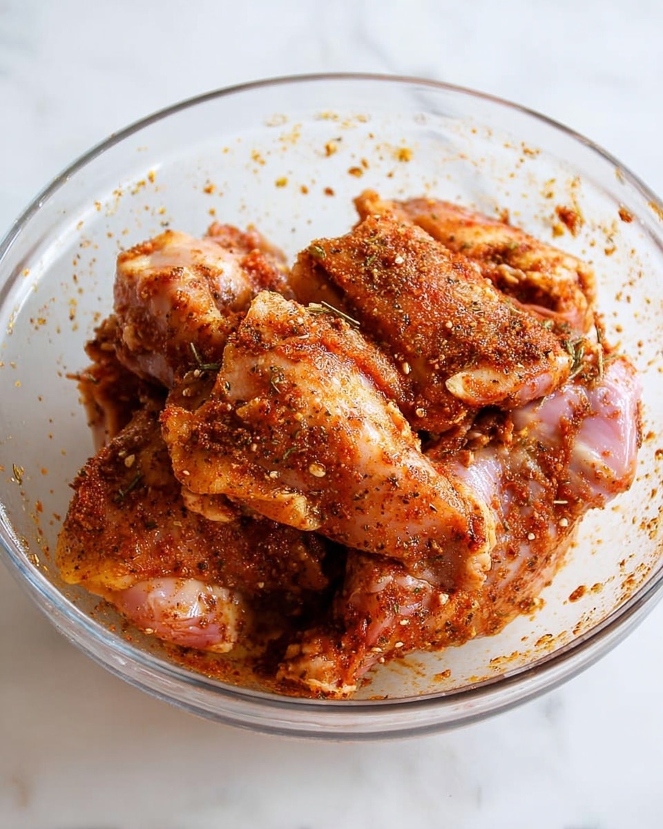 A clear glass bowl placed on a white marbled surface holds several pieces of raw chicken layered loosely within. Each piece is thick and coated evenly in a mix of reddish-brown spices and herbs, giving the chicken a textured and slightly rough look with visible specks of seasoning. The chicken pieces show some natural pink and white patches under the spices. The bowl’s clear edges allow a view of some scattered spice bits sticking to the inside. The scene is bright and clean, focusing on the seasoned chicken inside the bowl photo taken with an iphone --ar 4:5 --v 7