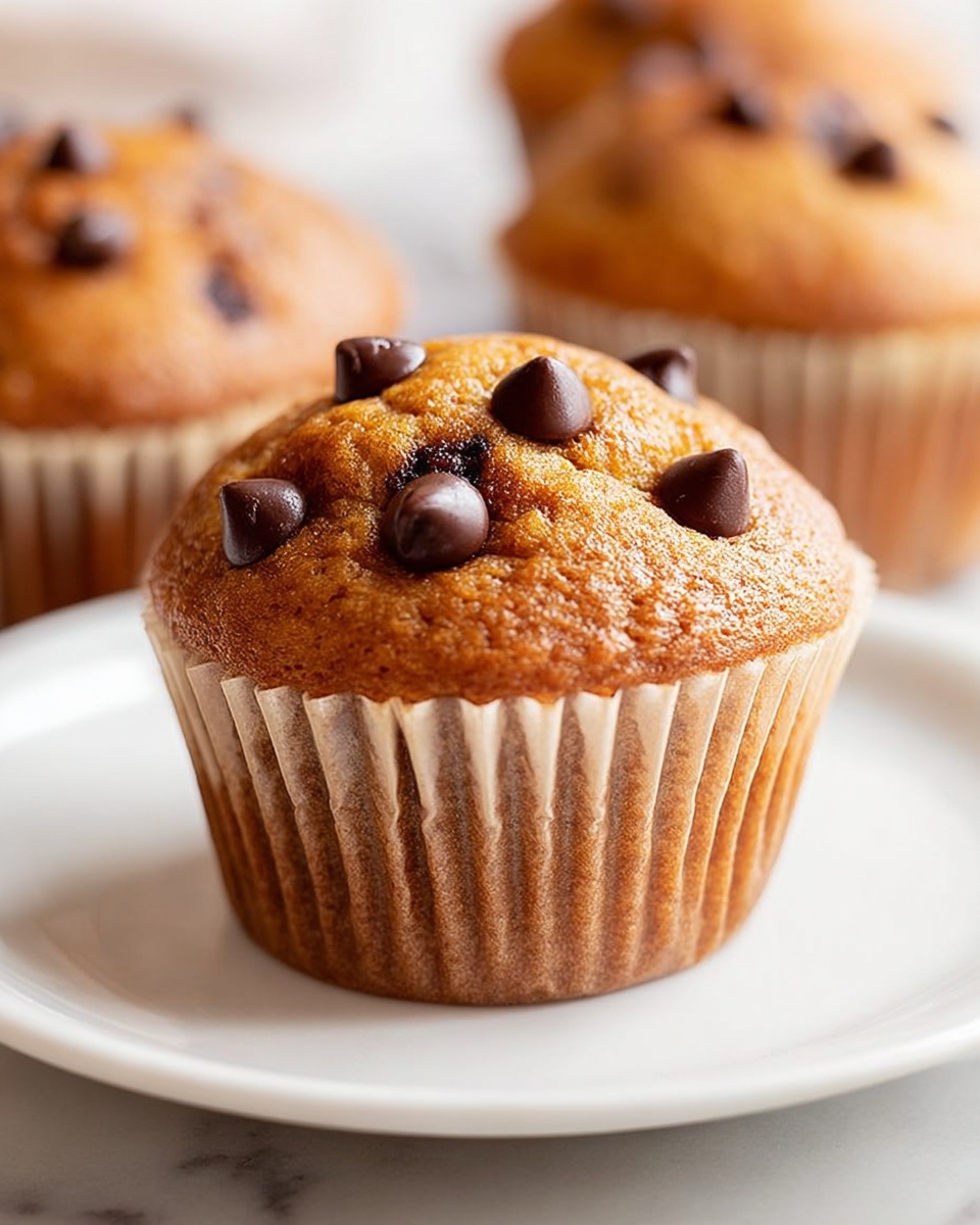 A close-up of moist, golden brown muffins with chocolate chips on top and inside. One muffin is open, showing the soft, crumbly texture inside mixed with melted chocolate pieces. The muffins sit on a white plate on a white marbled surface. The light shines warmly on the muffins, highlighting their fluffy texture and shiny chocolate chips. Photo taken with an iphone --ar 4:5 --v 7