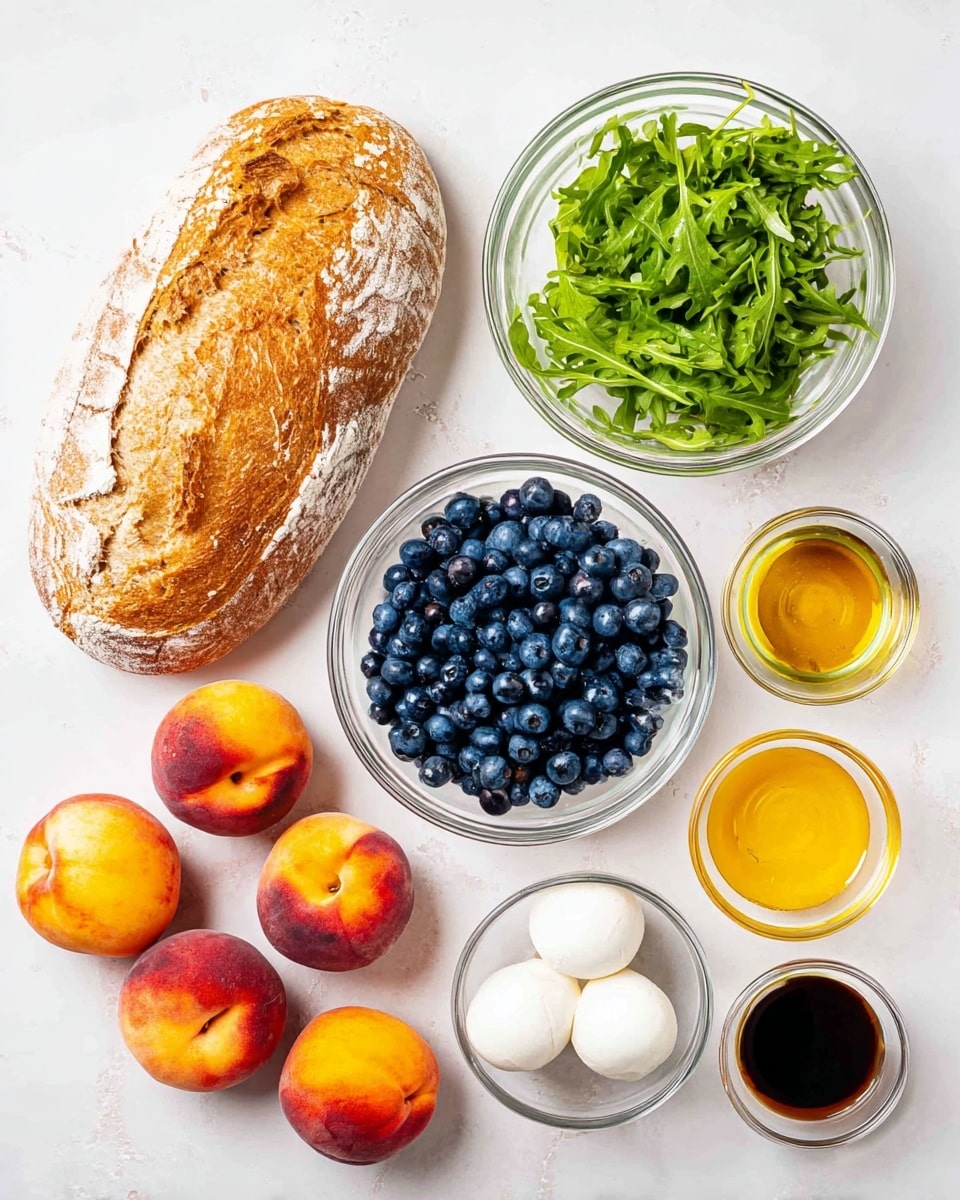 The image shows fresh ingredients neatly arranged on a white marbled surface, including a whole loaf of golden brown bread dusted with flour on the left. To the right, there is a clear glass bowl filled with bright green arugula leaves on the top right, and below it, a smaller clear glass bowl full of plump, dark blue blueberries. In the center, a clear glass bowl holds two white mozzarella balls. Below the bowls, five ripe peaches with red and yellow skin are scattered. Surrounding these are small white bowls containing golden olive oil, dark balsamic vinegar, amber honey, black pepper, and white salt, each adding a pop of color to the neatly organized ingredients. Photo taken with an iphone --ar 4:5 --v 7