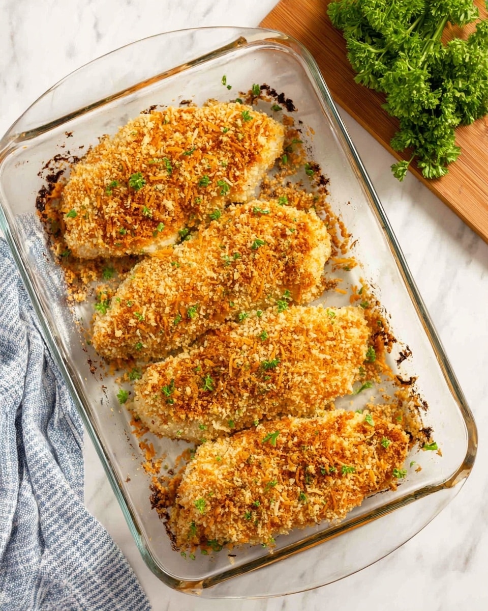 In a clear rectangular glass baking dish, there are three large pieces of breaded baked chicken placed side by side, each covered with a golden brown, crispy crumb topping mixed with shredded orange cheese and small green parsley bits. The breading has a crunchy texture with some darker toasted spots on top, showing a baked finish. The dish is on a white marbled surface, next to a folded blue and white checkered cloth and some fresh green parsley in the upper left corner, with a wooden cutting board visible in the upper right. Photo taken with an iphone --ar 4:5 --v 7