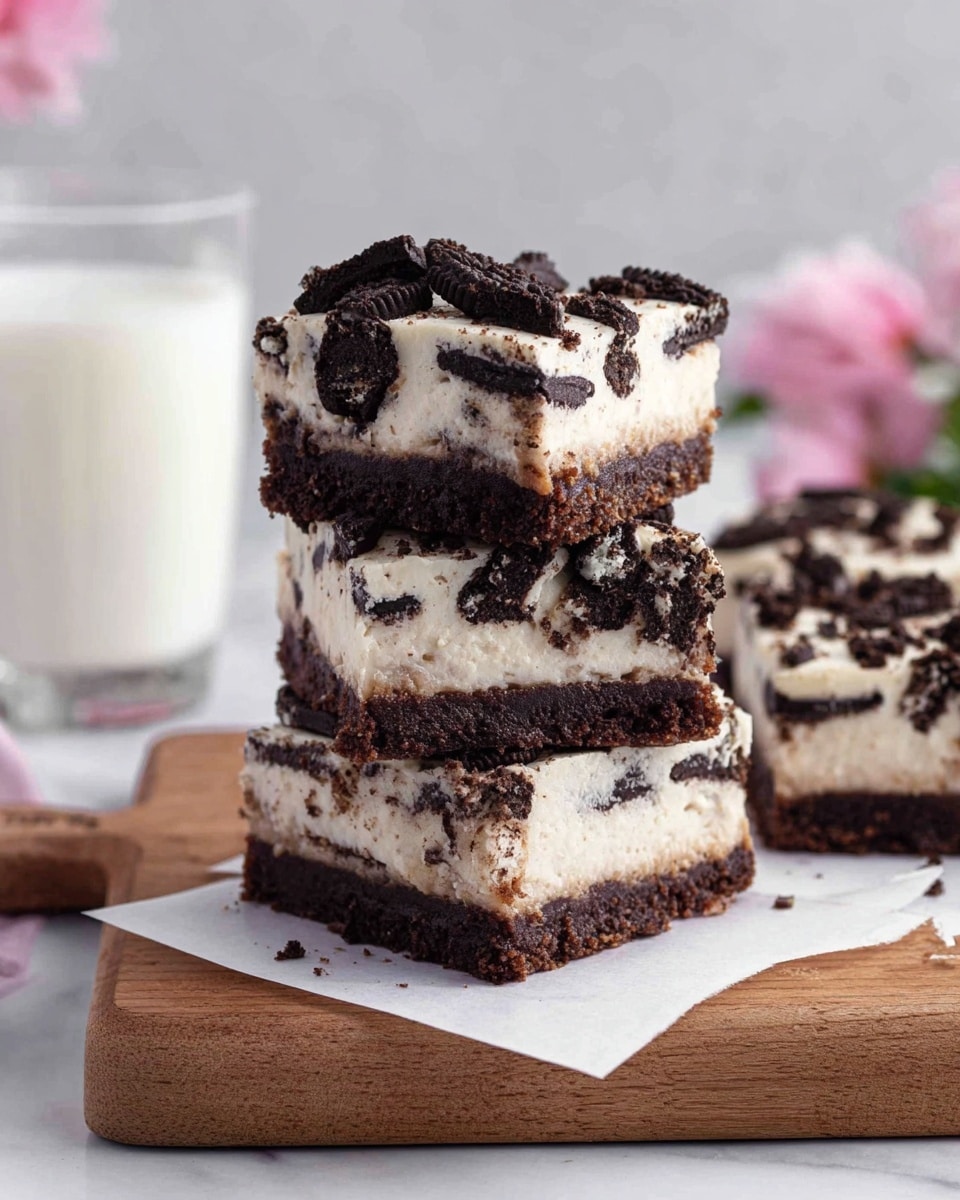 The image shows two stacked square bars of cookies and cream dessert separated by thin white parchment paper. Each bar has three clear layers: a dark chocolate crumb crust on the bottom, a thick middle layer of creamy white filling with dark cookie bits mixed inside, and a top layer of creamy white filling sprinkled generously with broken dark chocolate cookie pieces. The texture of the filling looks smooth and soft, while the cookie pieces add a rough, crunchy contrast. The bars rest on a white marbled surface with scattered cookie crumbs around. Photo taken with an iphone --ar 4:5 --v 7