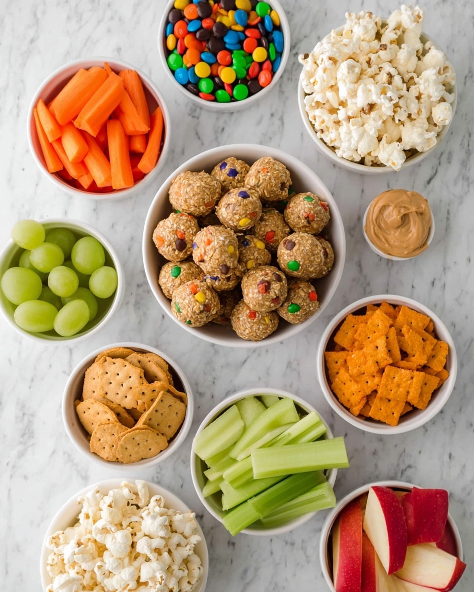 This image shows nine white bowls arranged on a white marbled surface. The center bowl is filled with round energy bites made from oats and colorful candy pieces. Surrounding this are bowls with green grapes, orange baby carrots, light green celery sticks, red apple slices, tan peanut butter, small bright orange cheese crackers, white popcorn with a slight yellow tint, and a bowl of colorful mini chocolate candies. Each bowl is full, showing the textures and colors clearly. The photo taken with an iphone --ar 4:5 --v 7