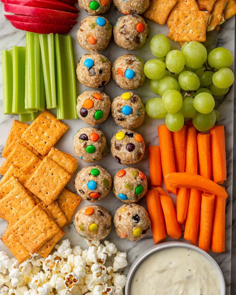 A white marbled surface holds a variety of snacks neatly arranged: two rows of oatmeal balls with colorful candy pieces are lined up in the center; on the left side, there are bright green celery sticks stacked closely and next to them, red apple slices visible at the top left corner; at the bottom left are orange square crackers stacked in neat rows; at the top right side, green grapes hang in a small bunch; below the grapes, more orange square crackers are spread out; next to the crackers is a small pile of white popcorn with some toasted marks; at the bottom right are bright orange baby carrots, and a white bowl filled with creamy dip is partially visible in the lower right corner. photo taken with an iphone --ar 4:5 --v 7
