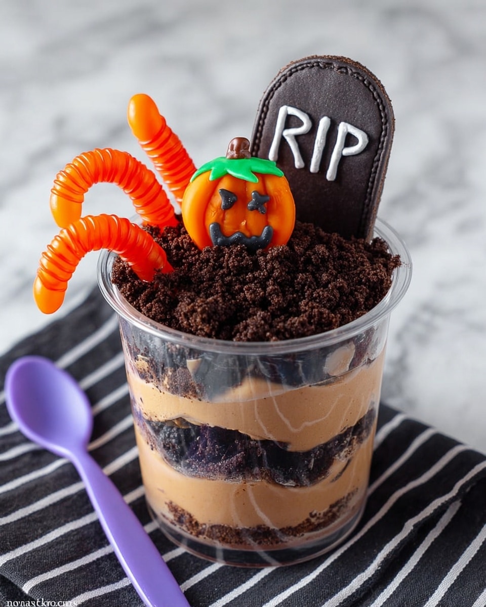 This dessert is in a clear cup with four visible layers. The bottom layer is light brown, looking smooth and creamy like mousse. Above it is a dark, crumbly layer resembling crushed chocolate cookies. The next layer is thick and light brown, similar to the first creamy layer. On top, there is a thick layer of dark crushed cookies that looks like soil. On this top layer are two orange gummy worms half-buried, one on each side, curved with a shiny texture. In the middle, there's a small orange pumpkin candy with a green stem and a black jack-o'-lantern face. Behind the pumpkin is a cookie shaped like a gravestone, with