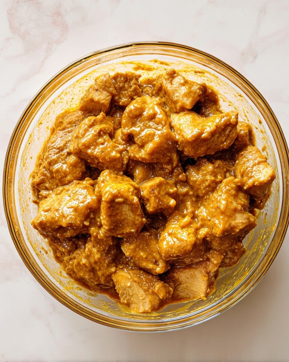 A clear glass bowl filled with chunks of light-colored meat covered in a thick, uneven coat of orange-brown spiced sauce sits on a white marbled surface. The sauce looks creamy and grainy, tightly clinging to each piece of meat. The bowl is round and transparent, showing the texture and color contrast between the meat and sauce. photo taken with an iphone --ar 4:5 --v 7