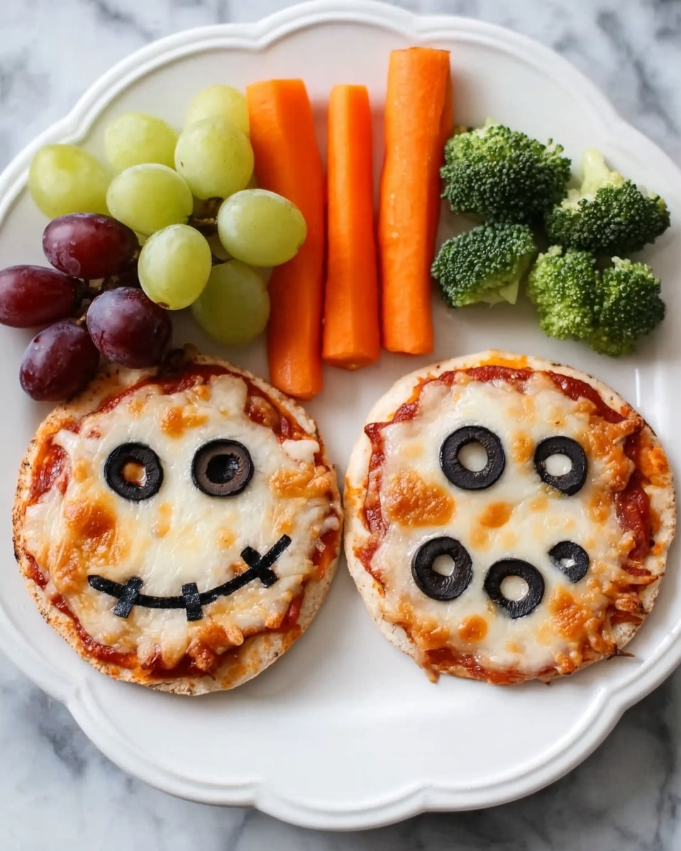 The image shows two small round pizzas placed side by side on a white plate with a white marbled surface underneath. Each pizza has a golden-brown melted cheese layer covering the top. The pizza on the left has black olive slices arranged to look like eyes and a mouth, creating a face. The pizza on the right also has black olive slices placed as eyes, with two rings side by side. Above the pizzas, there are green and red grapes to the left, bright orange baby carrots in the middle, and a small bunch of green broccoli on the right. The plate edges are scalloped. Photo taken with an iphone --ar 4:5 --v 7