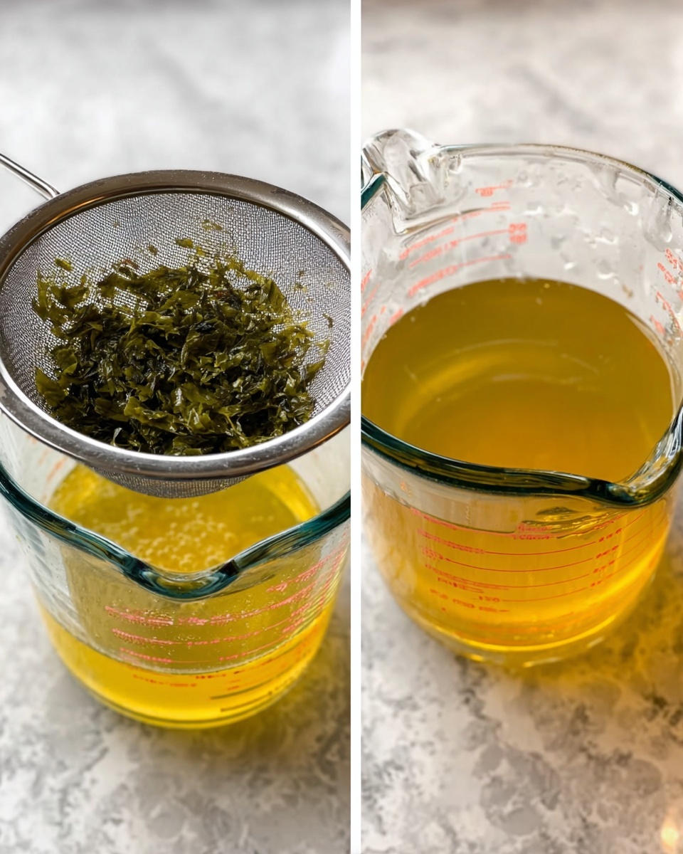 The image shows two side-by-side close-up shots set on a white marbled surface. On the left, there is a clear glass measuring cup filled with light yellow liquid, and above it, a metal strainer with green leafy herbs inside being held over the cup. On the right, the same glass measuring cup now holds the strained yellow liquid, with no herbs visible. The glass has a spout and measurement markings in red. Both images are well-lit, showing the clear and smooth textures of the glass and liquid. Photo taken with an iphone --ar 4:5 --v 7