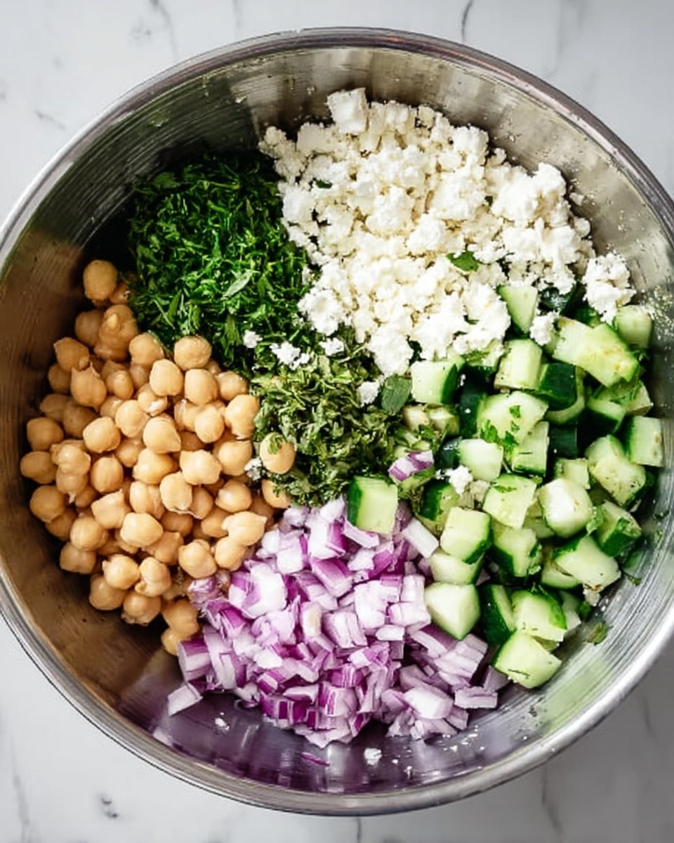 A large metal bowl on a white marbled surface holds five separate piles of ingredients arranged neatly. At the top right, there is a mound of white crumbly cheese. To the right and bottom right, there are layers of bright green cucumber pieces cut into small chunks. At the bottom left, finely chopped red onion shows a pale purple color. To the left, tan chickpeas are stacked, and at the top left, a small pile of fresh green herbs is placed. The overall arrangement shows clear, fresh, and natural textures. Photo taken with an iphone --ar 4:5 --v 7