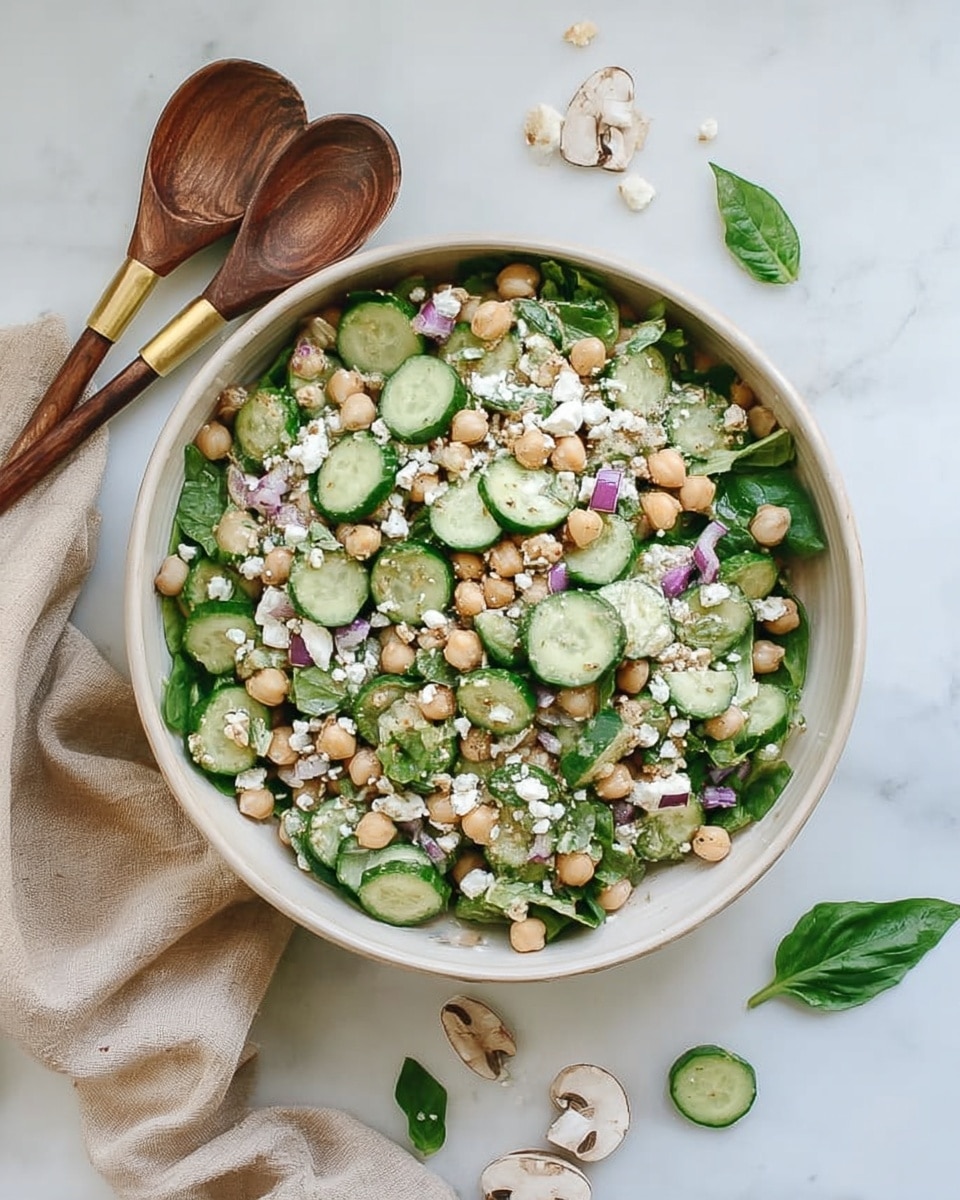A round white bowl filled with a salad made of three main visible layers: the bottom layer is a mix of light green leafy herbs, the middle layer has sliced cucumber pieces in a fresh green color with some moisture shine, and the top layer is covered evenly with light beige chickpeas. Scattered throughout the salad are small white crumbles of cheese and bits of purple-red onion pieces, adding contrast. Around the bowl on the white marbled surface are a few scattered basil leaves and mushroom slices, with two wooden spoons with gold bands placed near the bowl. A beige cloth is softly draped at the bottom left corner. The photo taken with an iphone --ar 4:5 --v 7