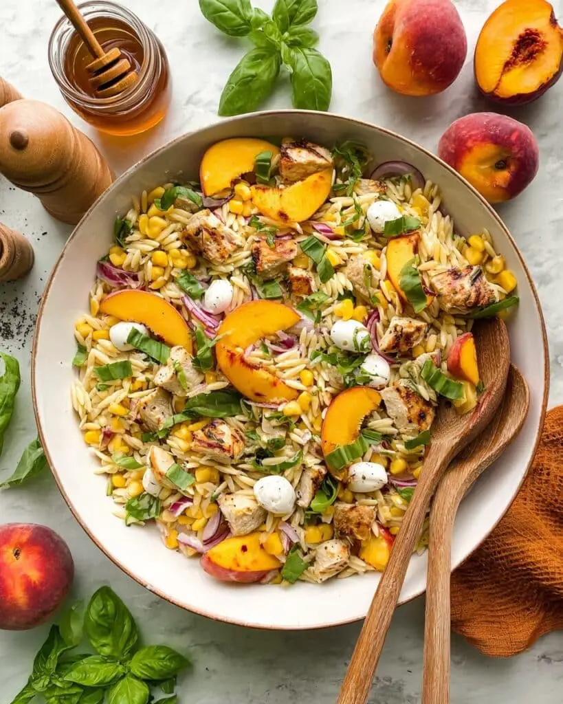 Peach & Basil Chicken Orzo Salad with Hot Honey Vinaigrette Recipe